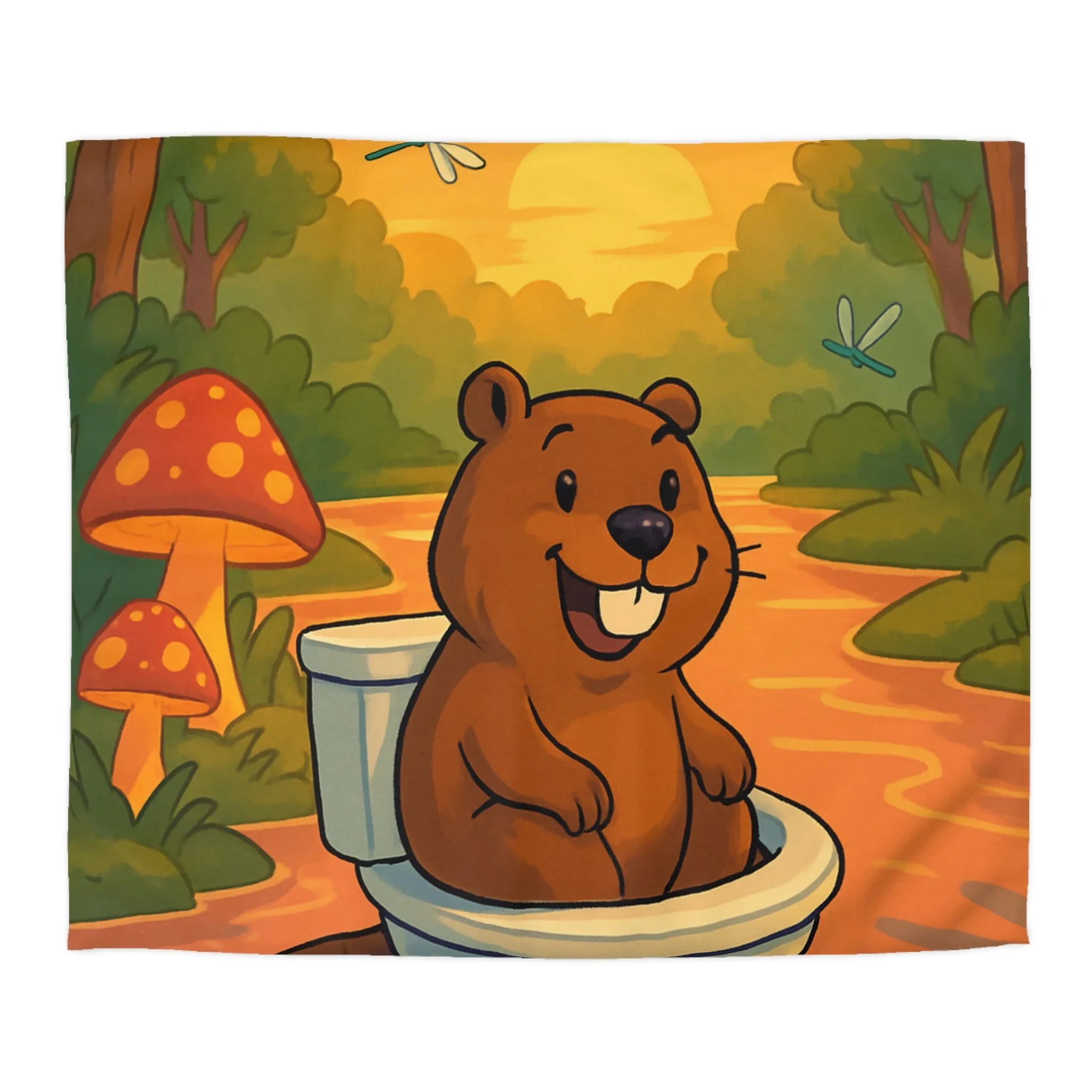 Housse de Couette Enfant Animée avec Castor Amusant et Paysage de Forêt Enchantée