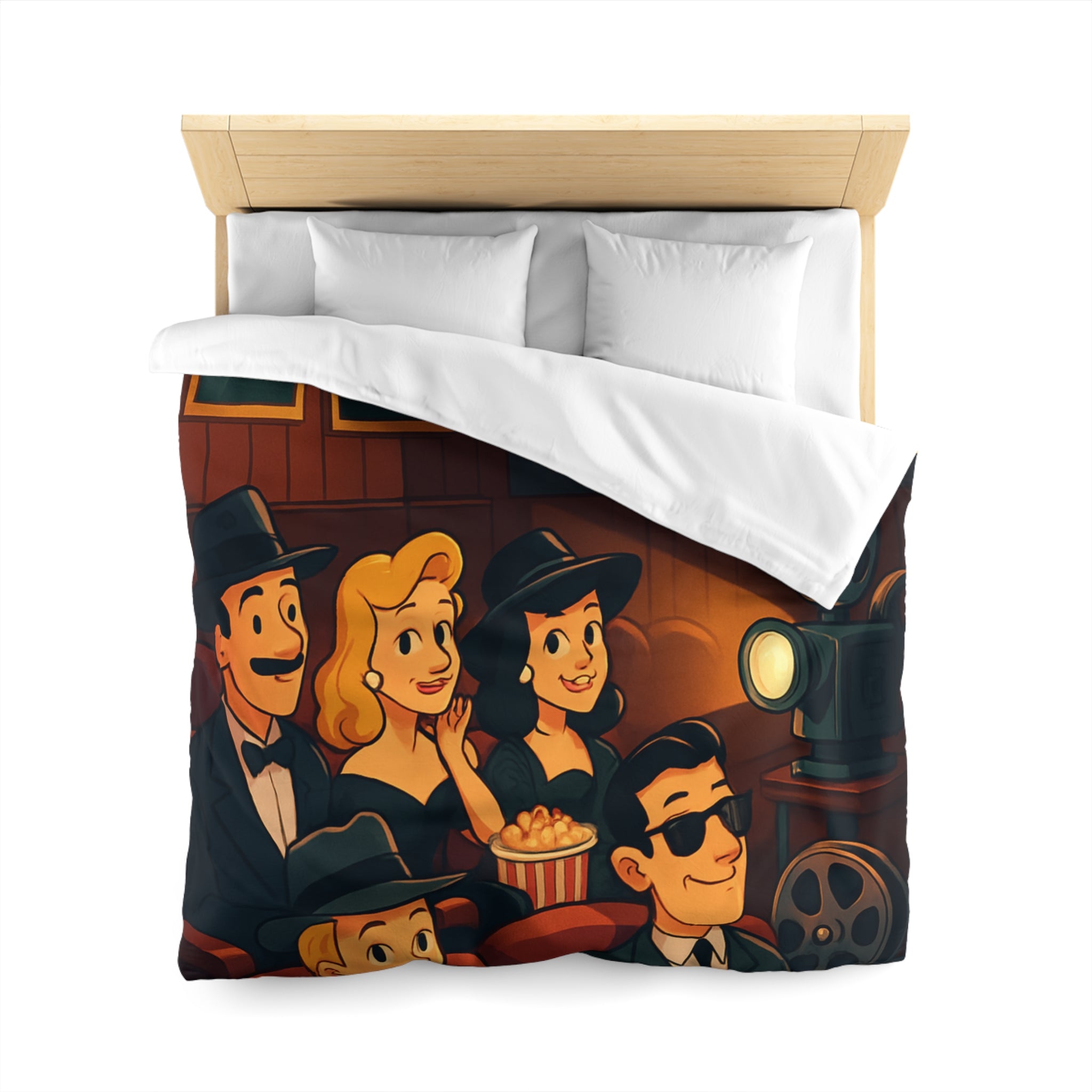 Housse de Couette Rétro Cinéma avec Scène de Spectateurs Élégants et Projecteur