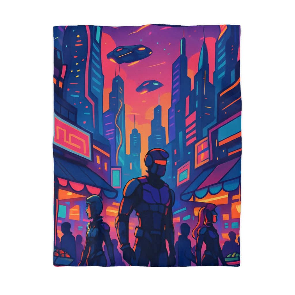 Housse de couette futuriste avec skyline néon et silhouettes urbaines nocturnes modernes