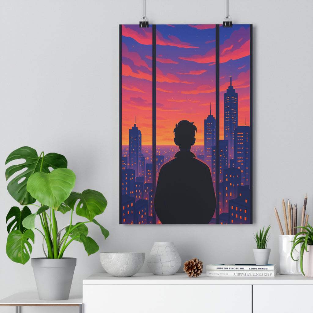 Poster décoratif urbain contemporain rose orange bleu chambre salon moderne créatif vibrant art silhouette