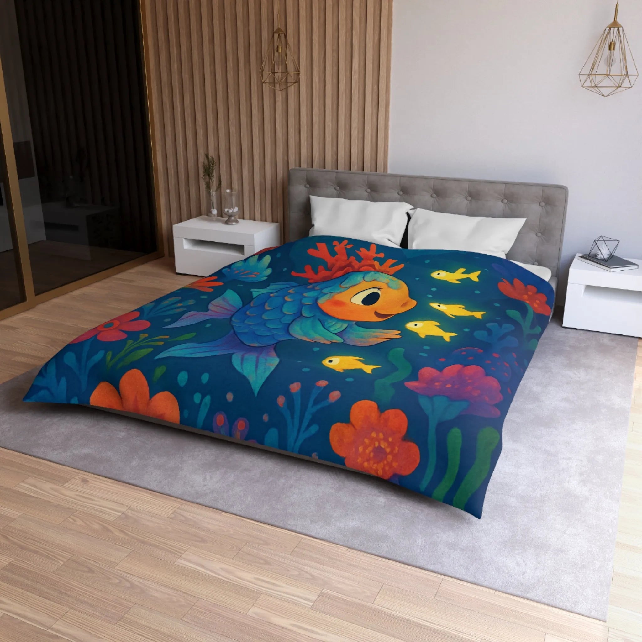 Housse de Couette Colorée avec Poisson et Lune, Idéale Chambre Enfant Rêveuse
