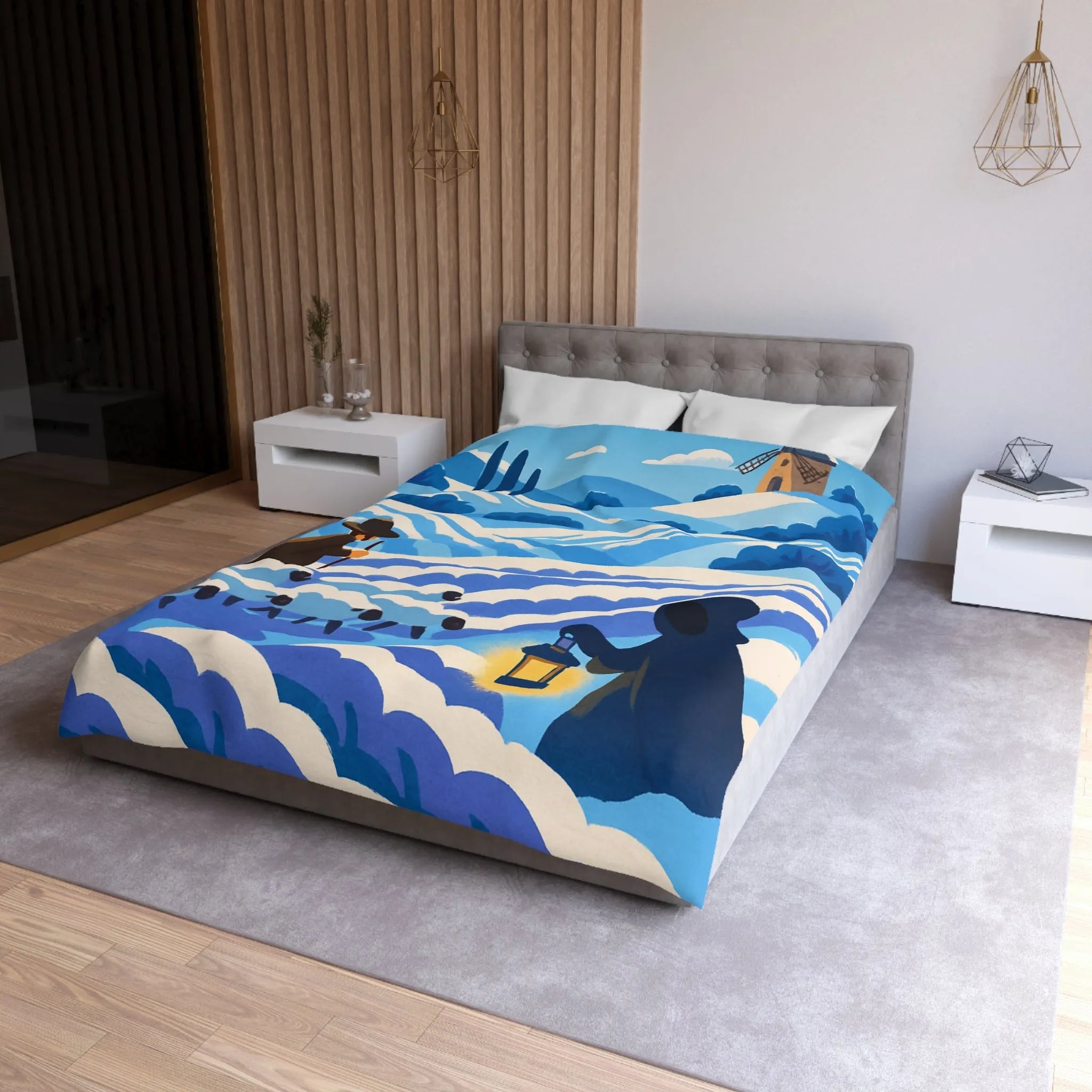 Housse de couette champêtre avec berger, moutons et moulin dans un paysage rêveur