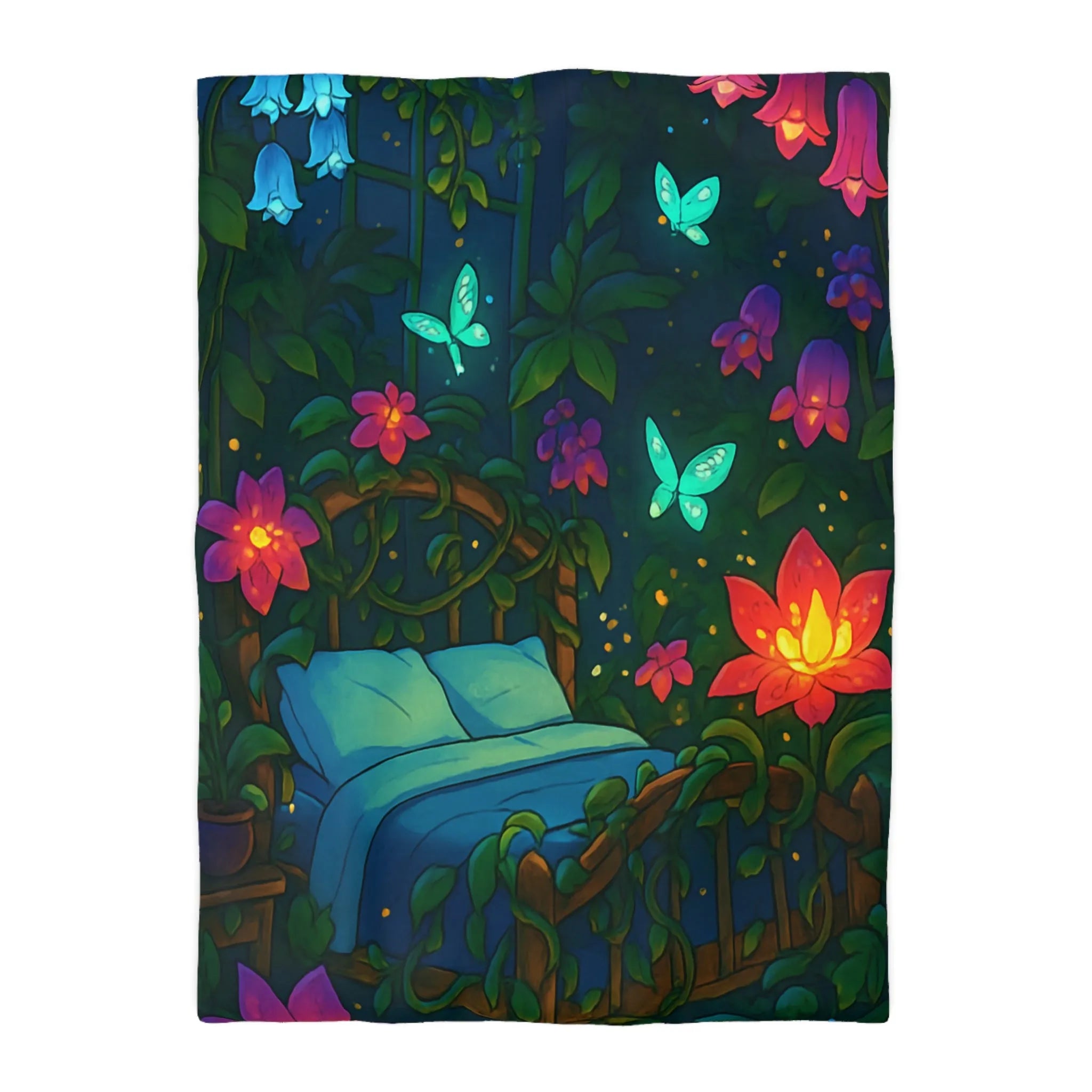 Housse de couette magique avec motifs de fleurs lumineuses et papillons dans la nuit