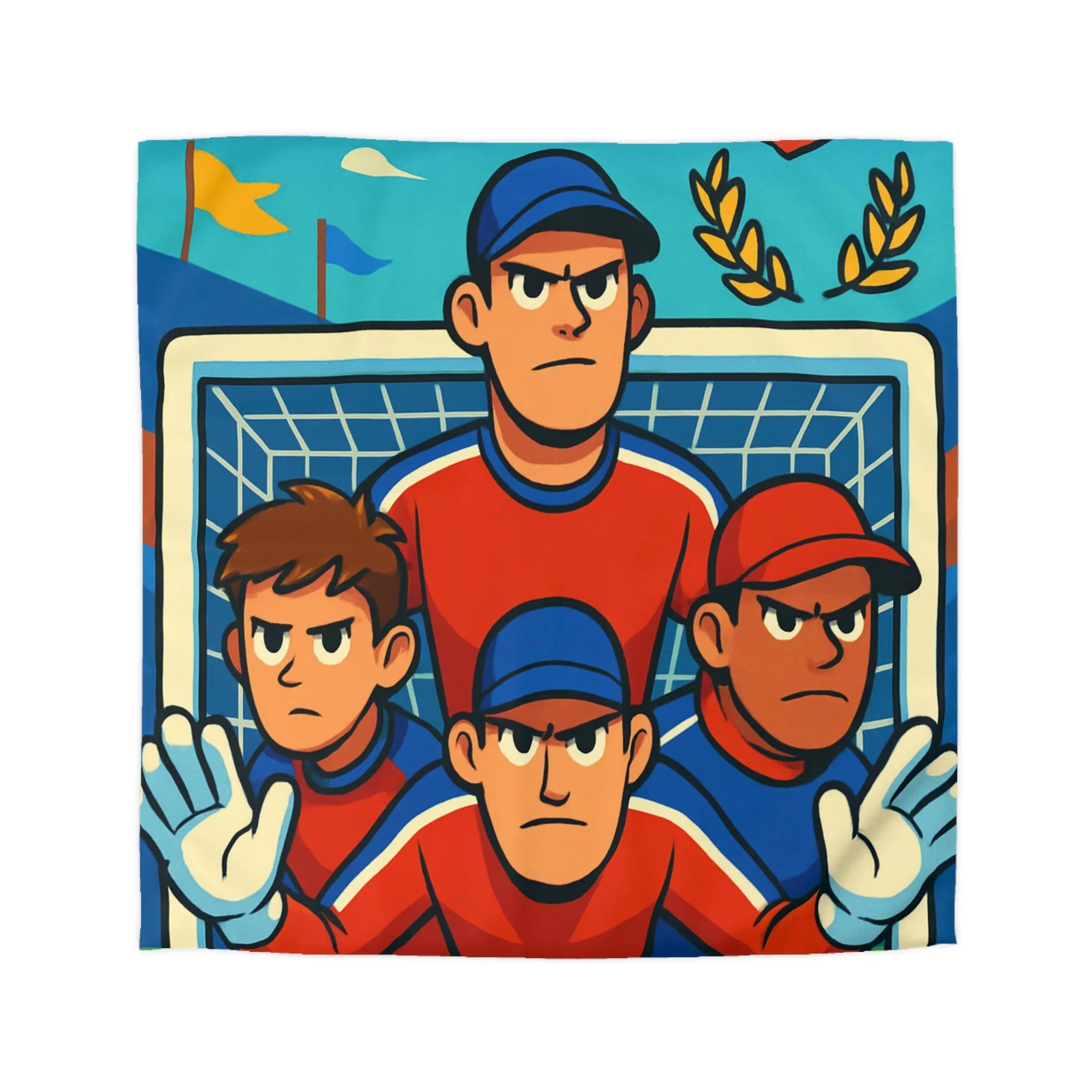 Housse de couette football dynamique avec joueurs, ballon, étoiles et trophées en illustration
