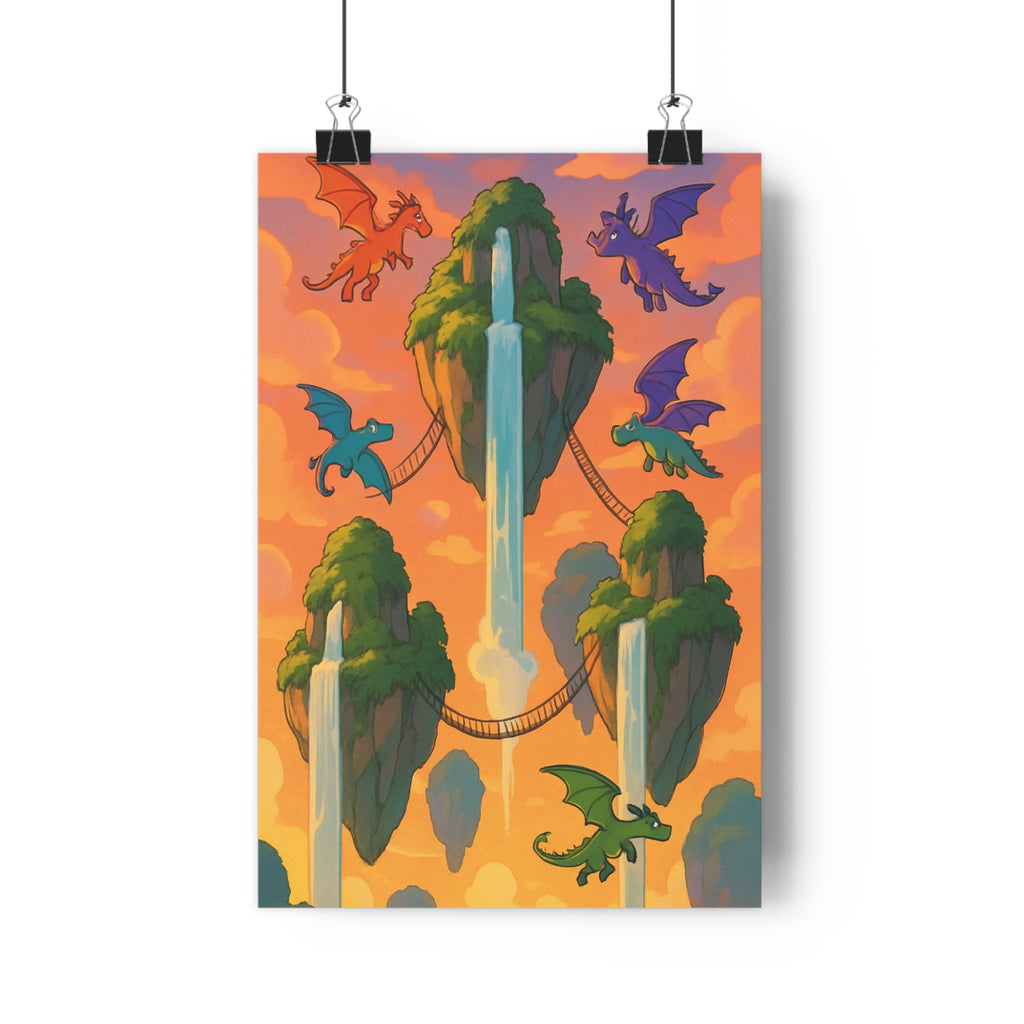 Poster décoratif fantaisie montagnes flottantes dragons colorés magique chambre bureau créatif 30x46 ambiance violette