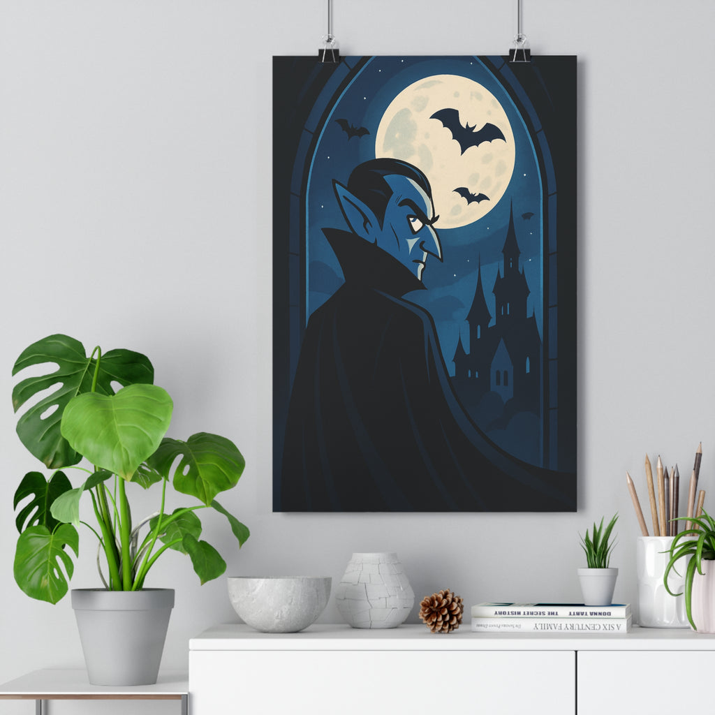 Poster décoratif cartoon mystérieux bleu noir vampire lune chauvessouris château chambre salon ambiance qualité