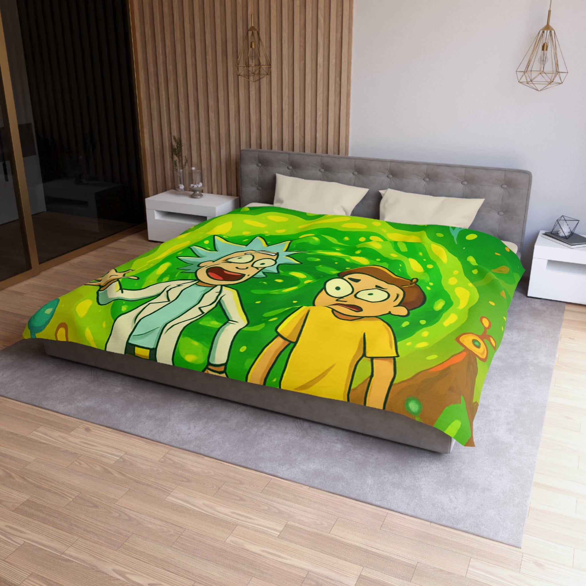 Housse de couette thème dimension aventure verte avec duo explorateur et planète lumineuse