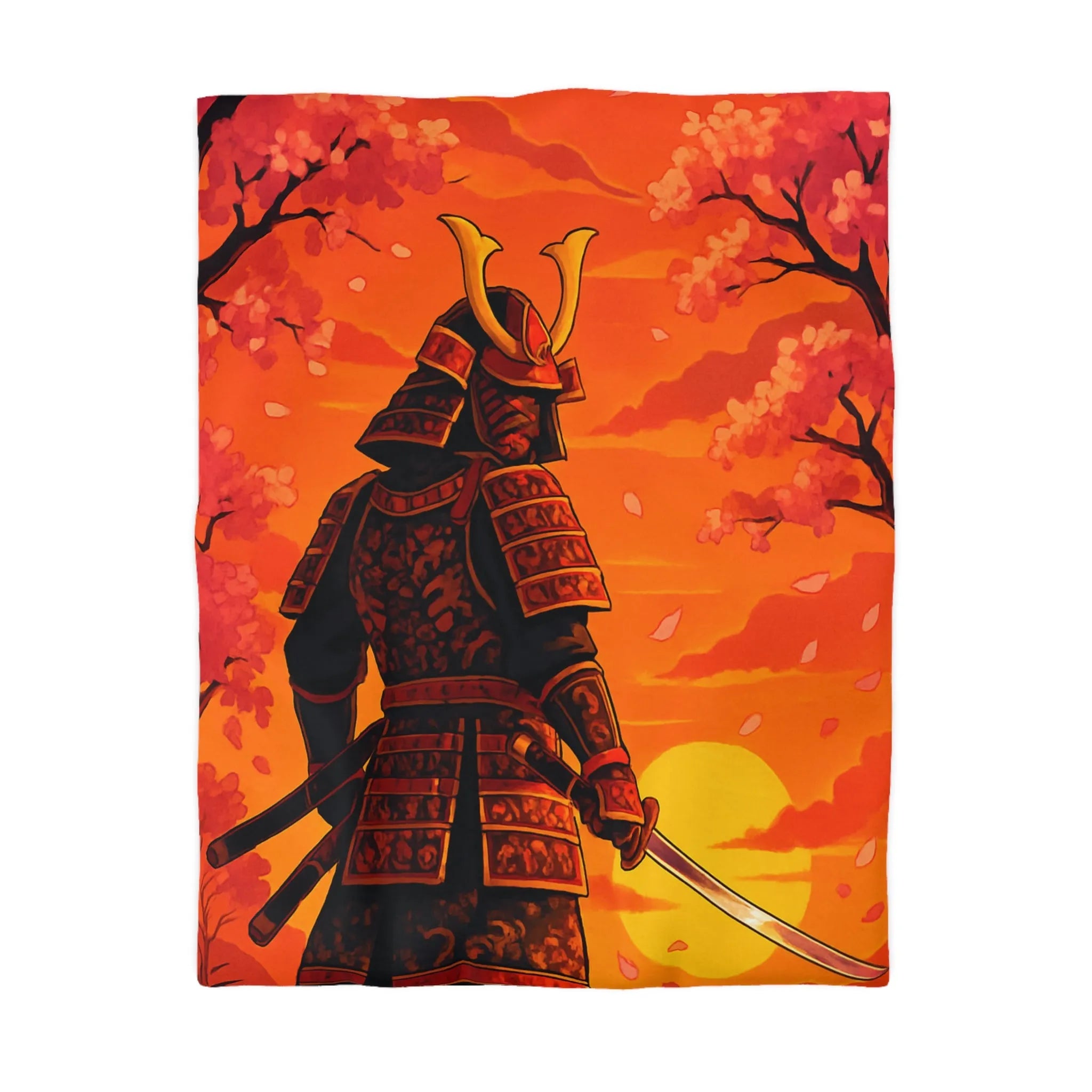 Housse de couette avec motif samouraï au coucher du soleil, arbres et fleurs roses