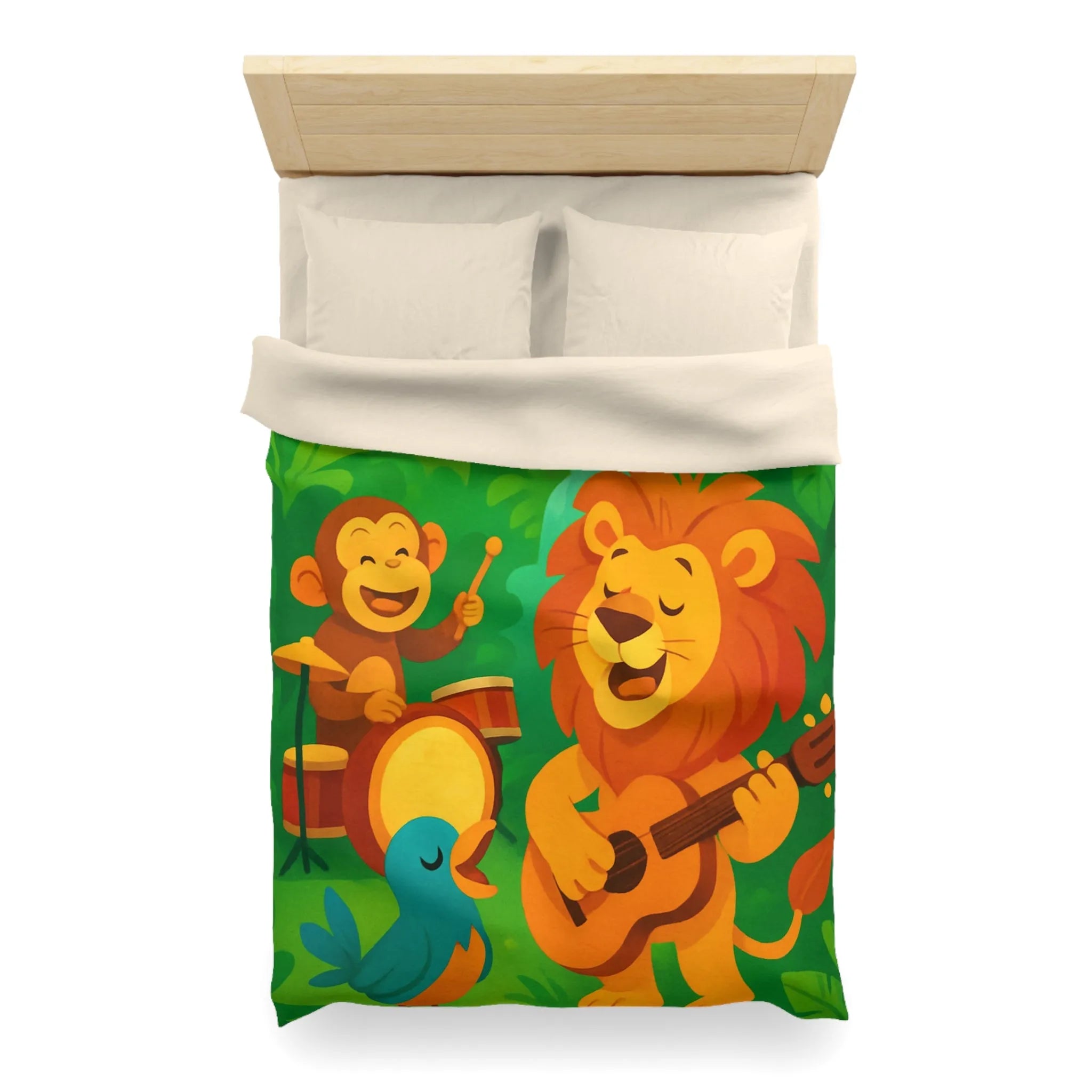 Housse de couette jungle colorée avec lion, singe, et oiseau musiciens joyeux