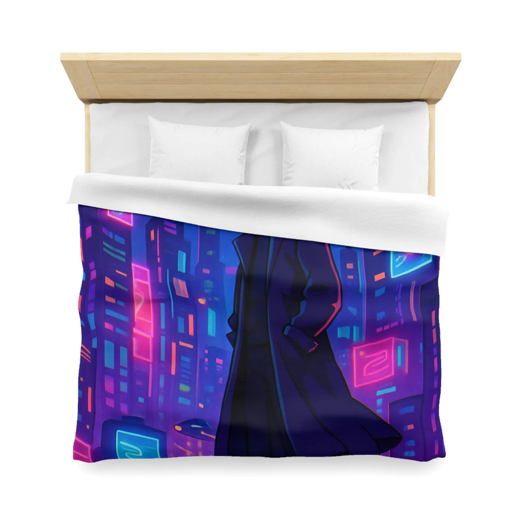 Housse de couette en néon futuriste avec personnage mystérieux et skyline cyberpunk