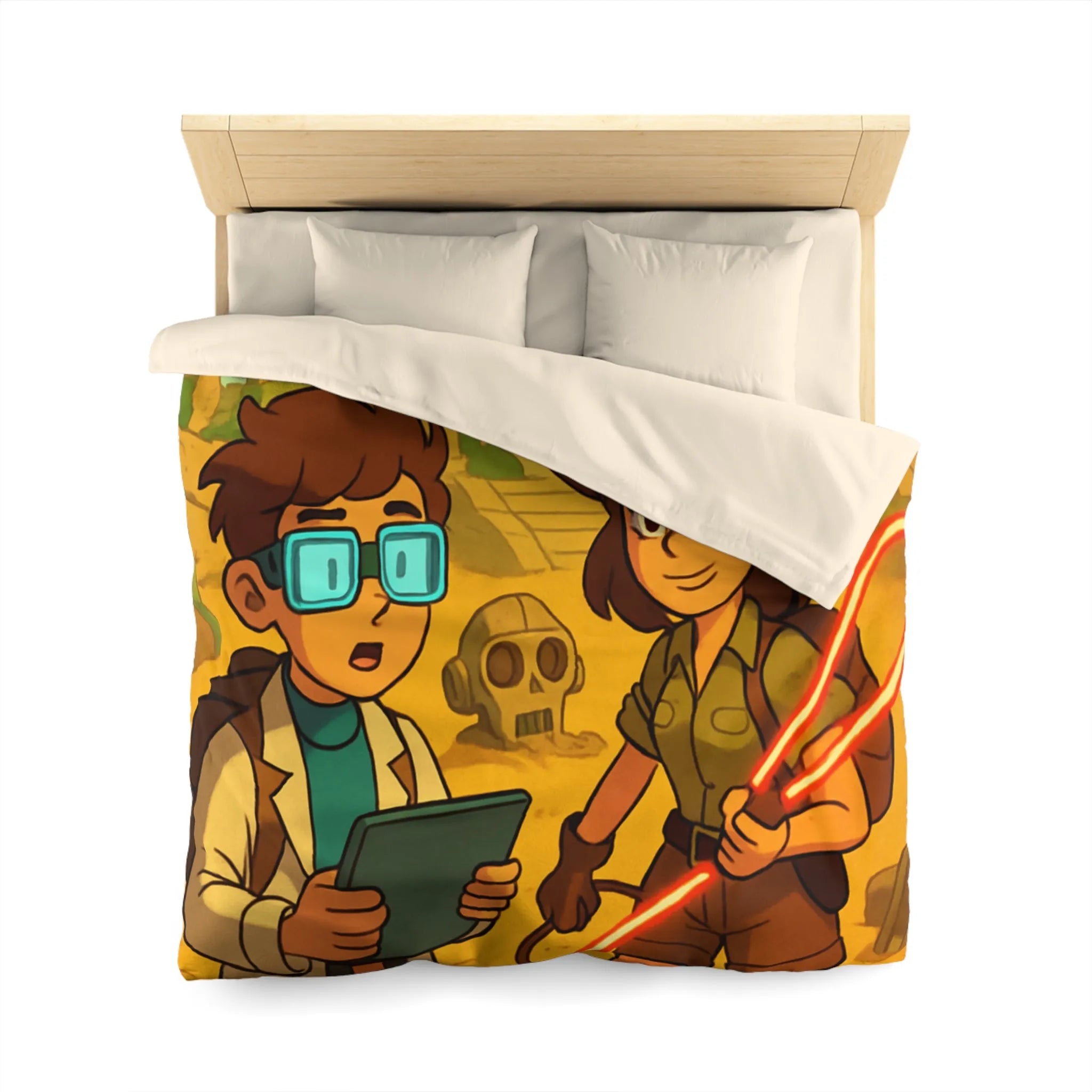 Housse de couette aventuriers explorant ruines mystérieuses en style cartoon animé coloré