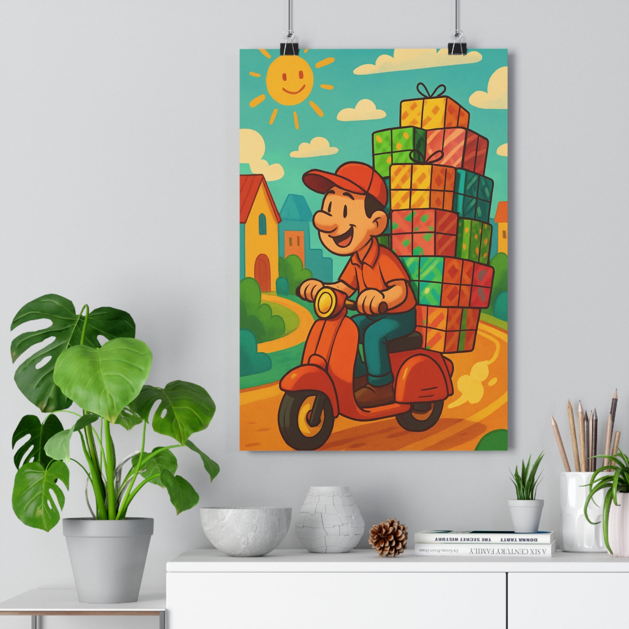 Poster décoratif scooter orange joyeux cartoon bureau urbain coloré paysage maison ciel bleu qualité