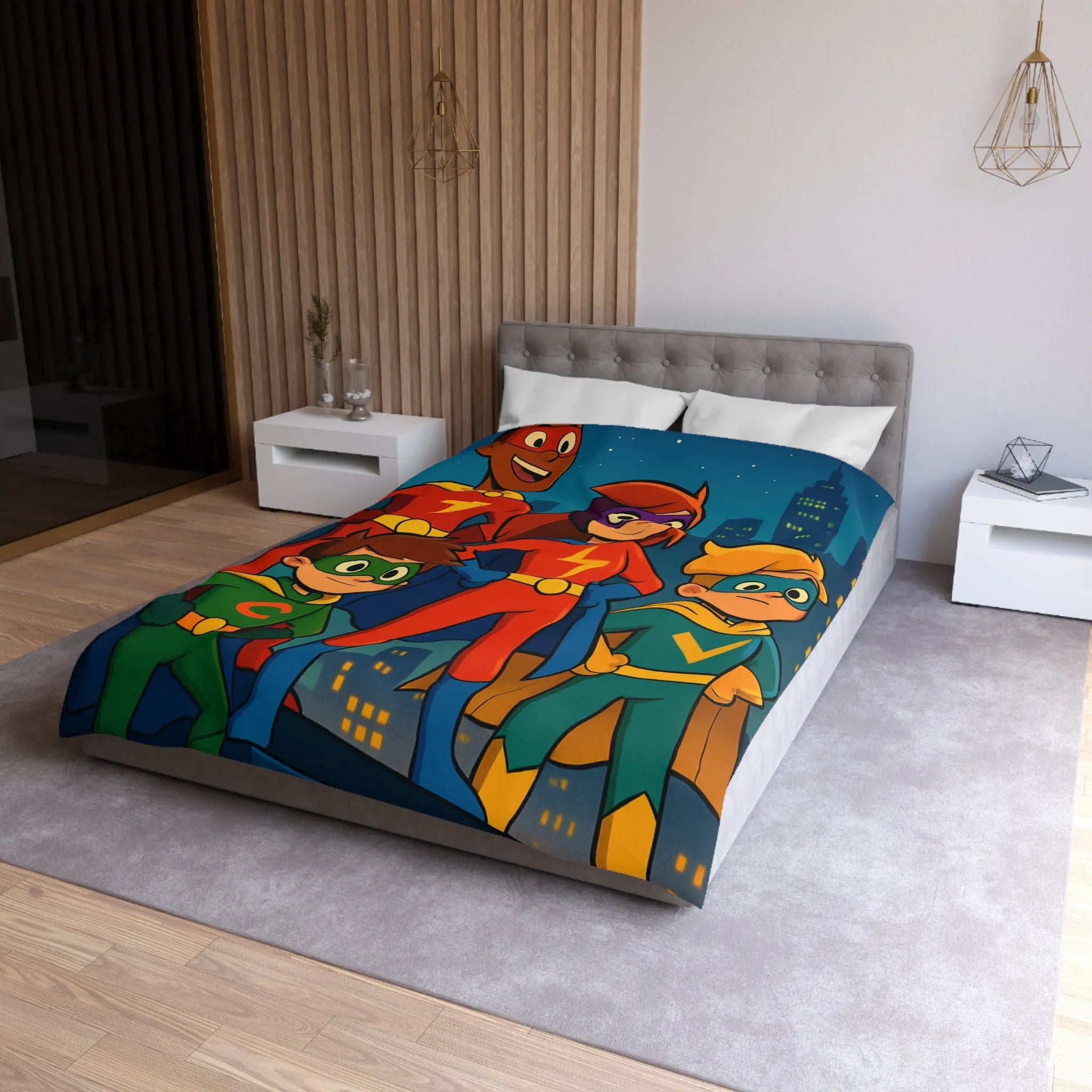 Housse de couette colorée super-héros pour enfants avec scène urbaine lumineuse et joyeuse