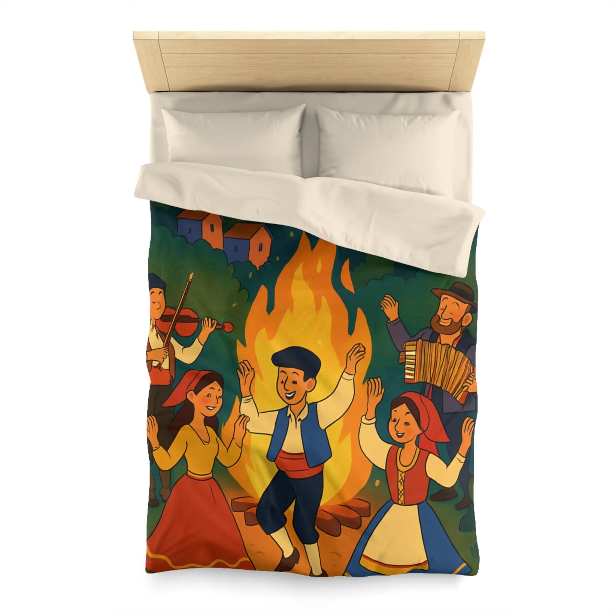 Housse de couette colorée danse folklorique autour du feu avec musiciens traditionnels