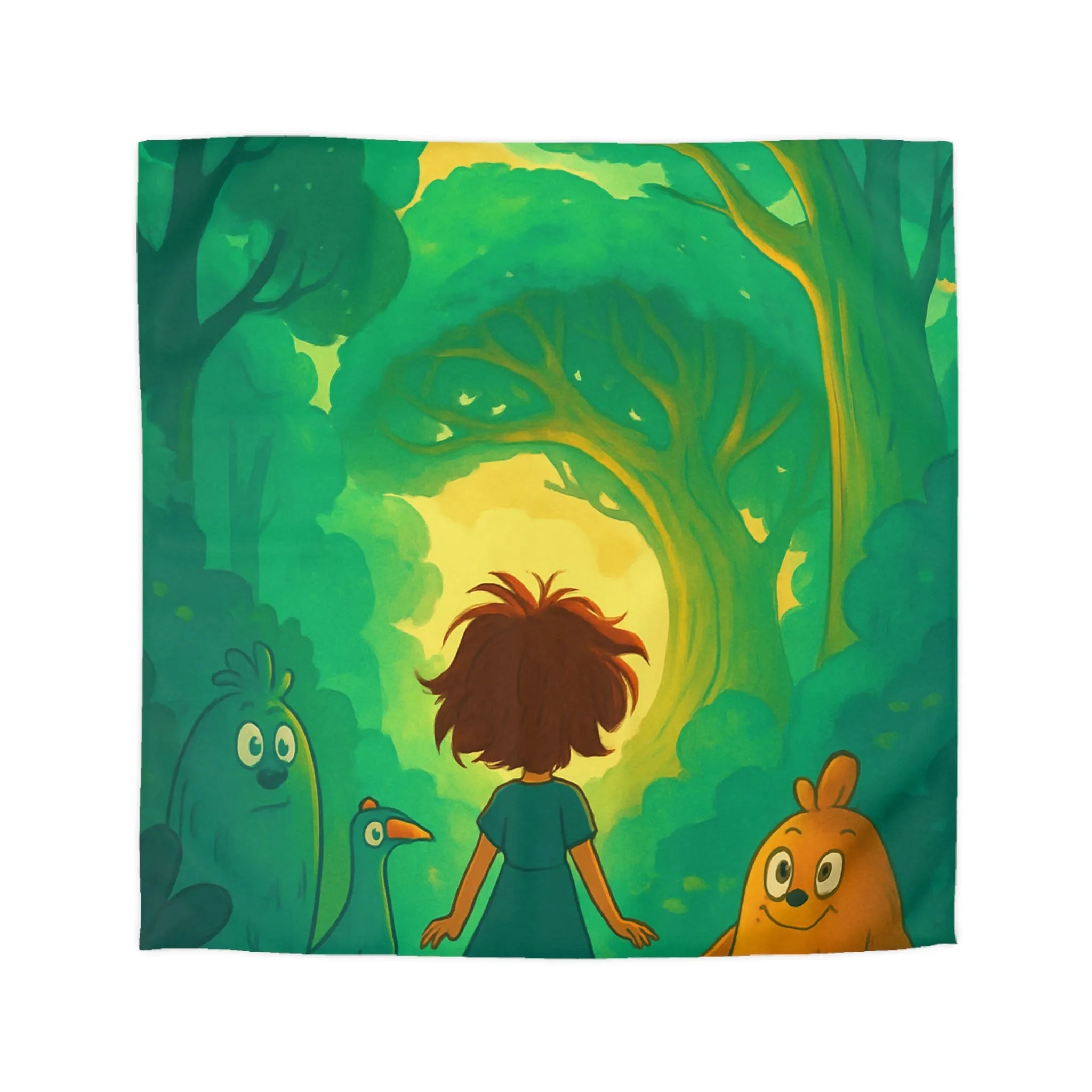 Housse de couette forêts enchantées avec animaux et personnage central, ambiance magique