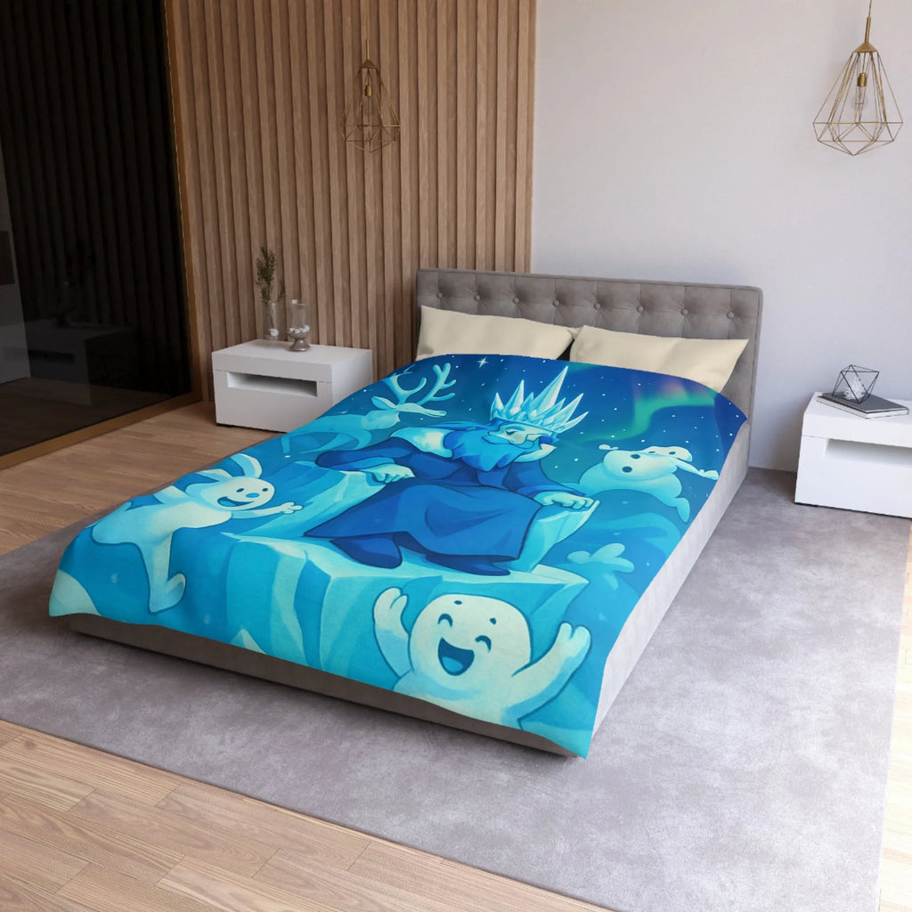 Housse de couette bleue roi de glace avec animaux et aurore boréale hivernale festive