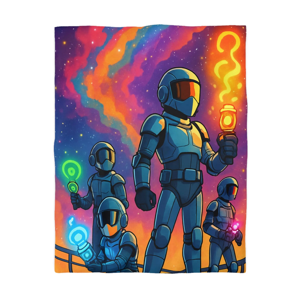 Housse de couette futuriste colorée avec quatre astronautes sous galaxie vibrante et étoilée