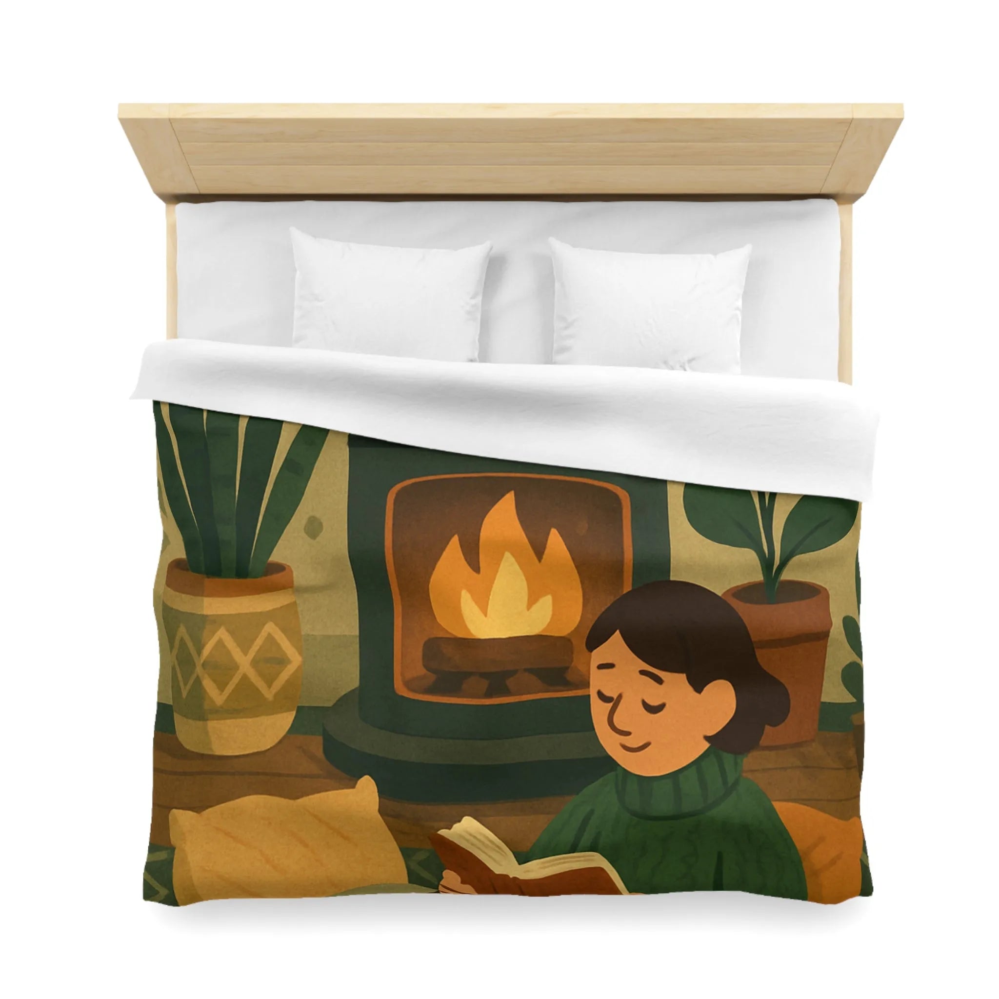 Housse de couette cosy avec cheminée et ambiance hygge, style scandinave relaxant