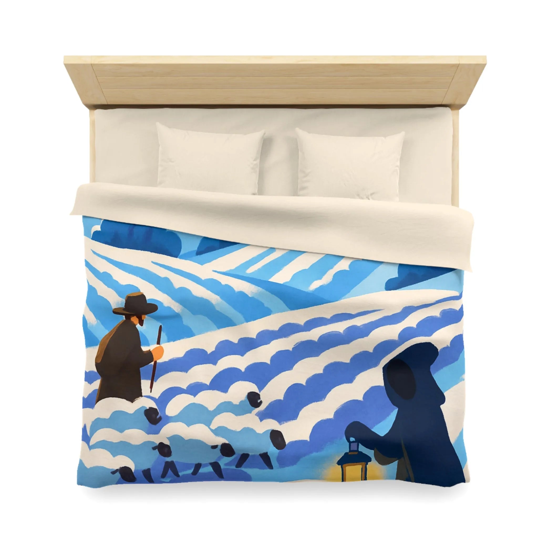 Housse de couette champêtre avec berger, moutons et moulin dans un paysage rêveur