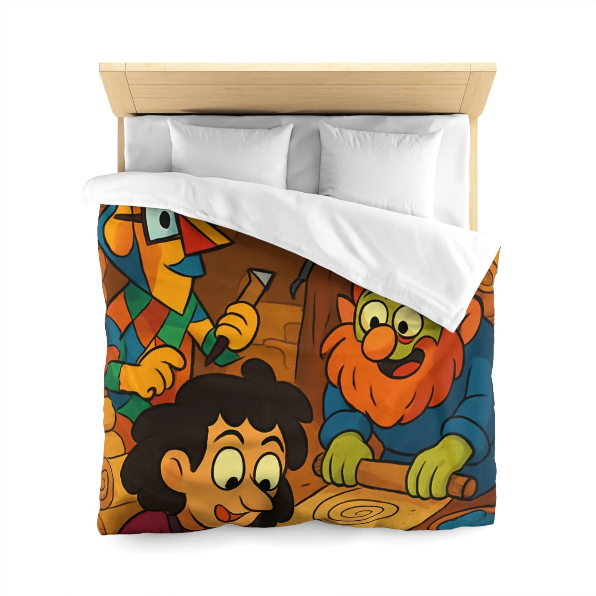 Housse de couette illustrée ambiance atelier fantasy avec gnomes et textures chaleureuses colorées