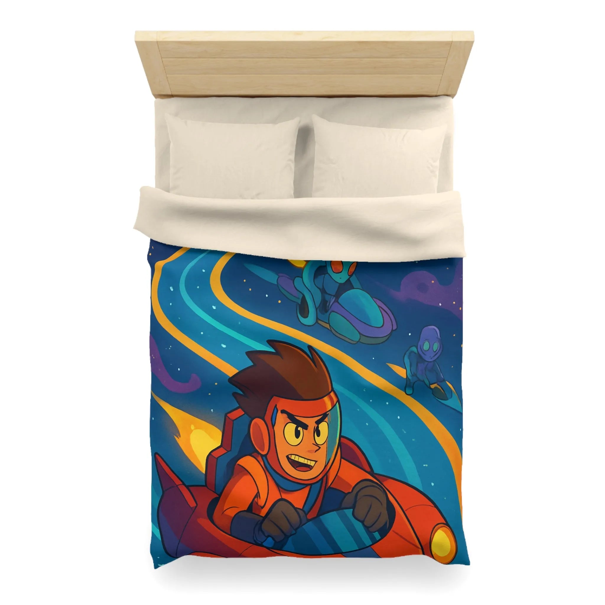 Housse de Couette Illustrée Espace avec Personnage et Vaisseaux pour Enfants Couleurs Vives