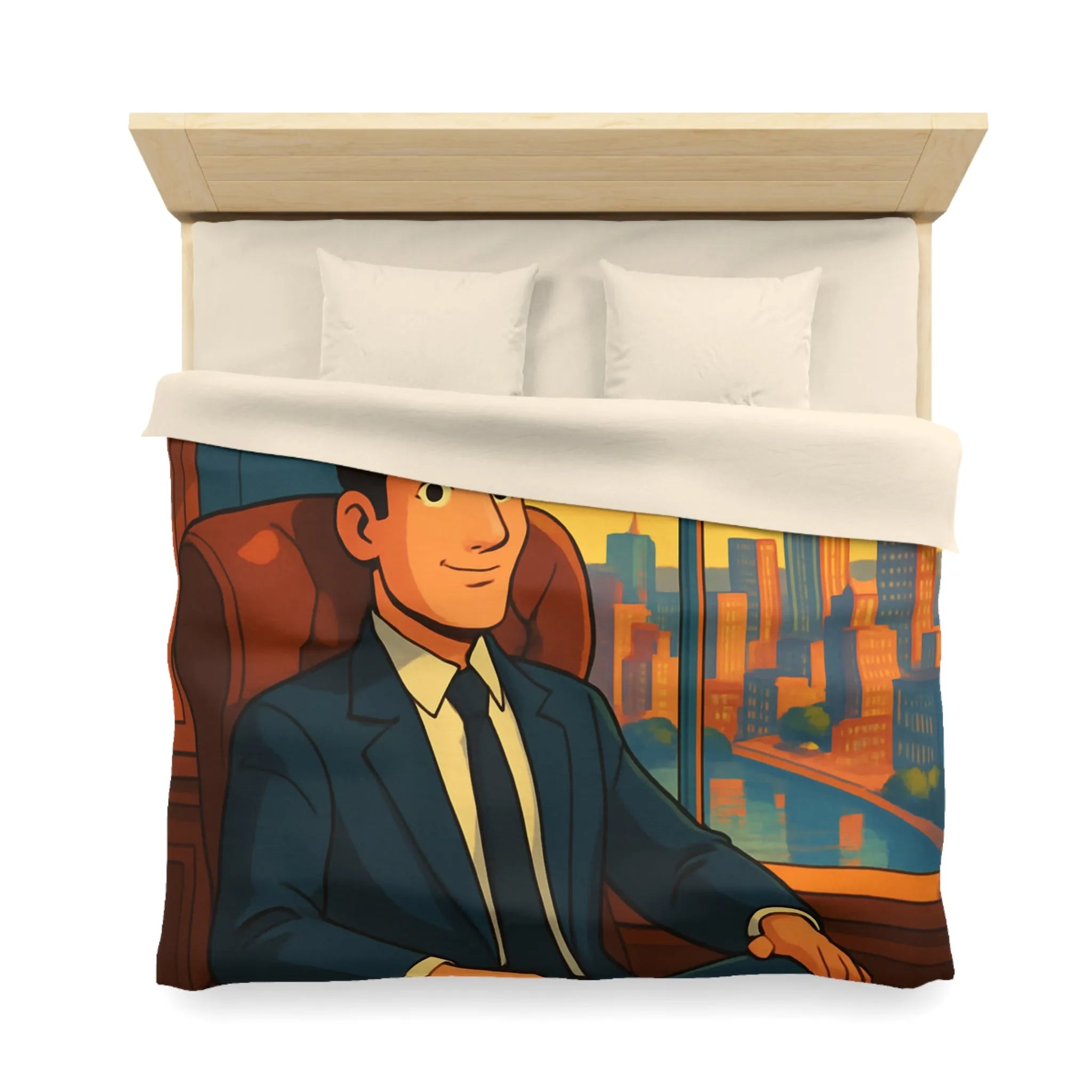 Élégante housse de couette avec homme d'affaires et horizon urbain stylisé en coucher de soleil