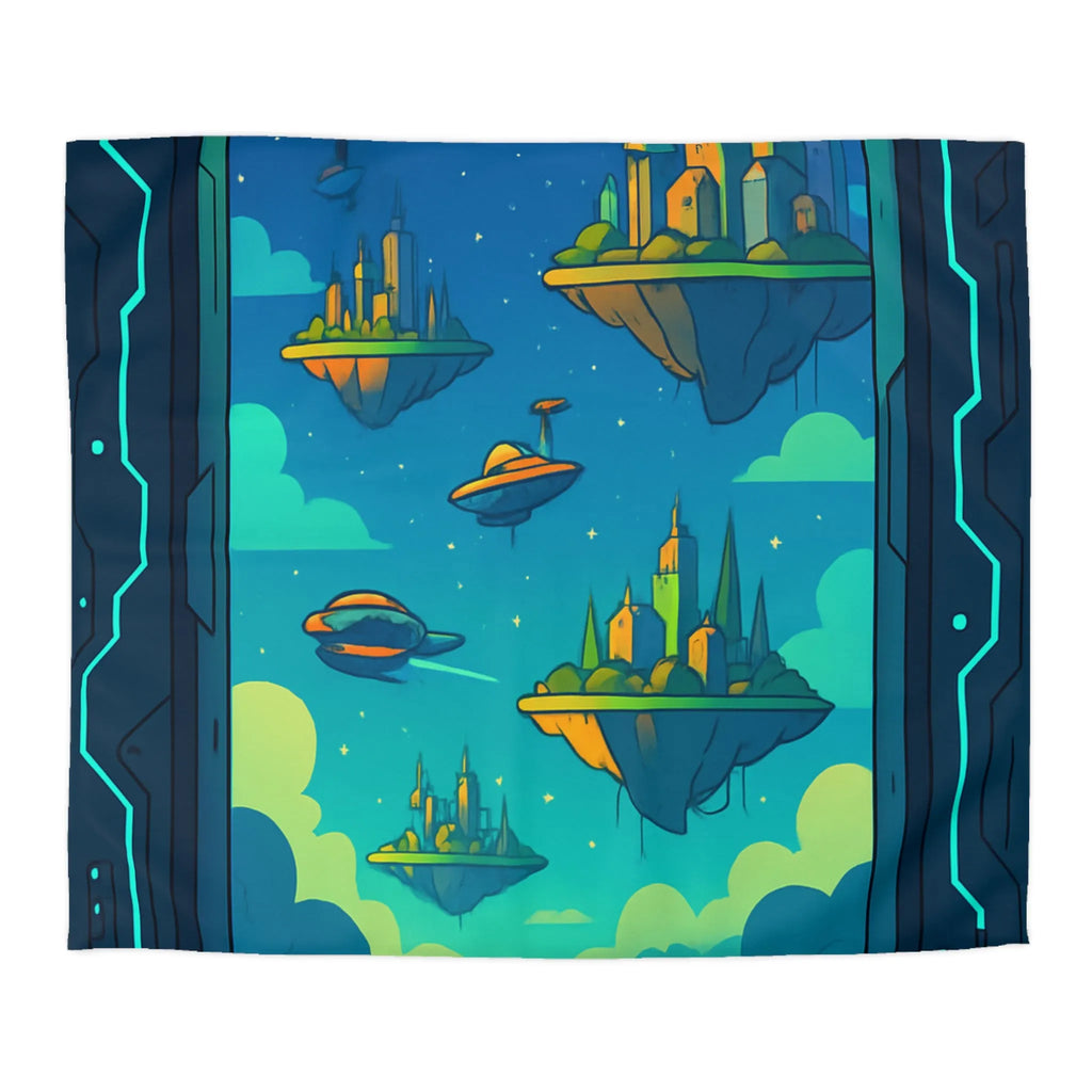 Housse de couette futuriste avec cités flottantes sous ciel étoilé et vaisseaux spatiaux