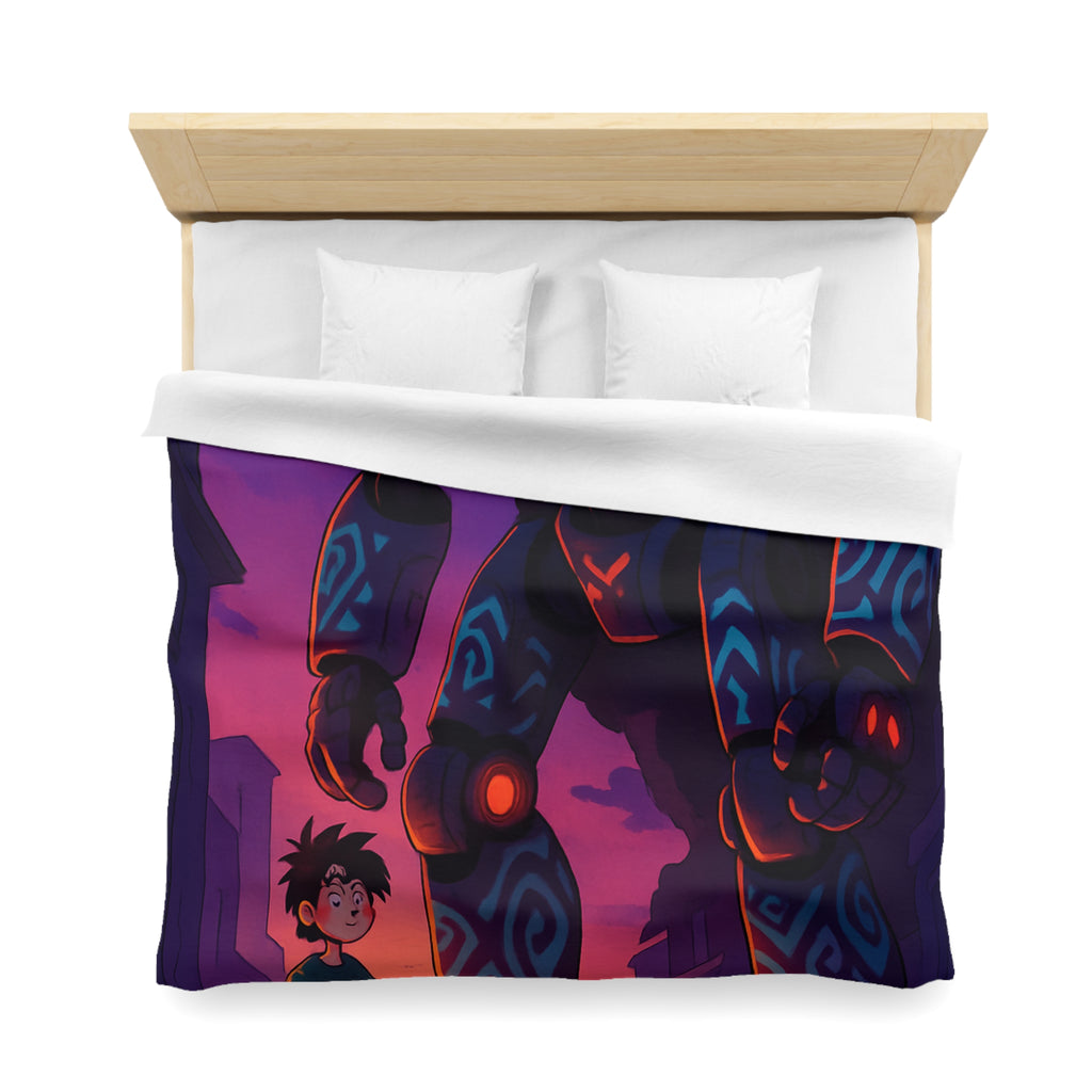 Housse de couette robot géant bleu lumineux, décor urbain vibrant et enfant émerveillé