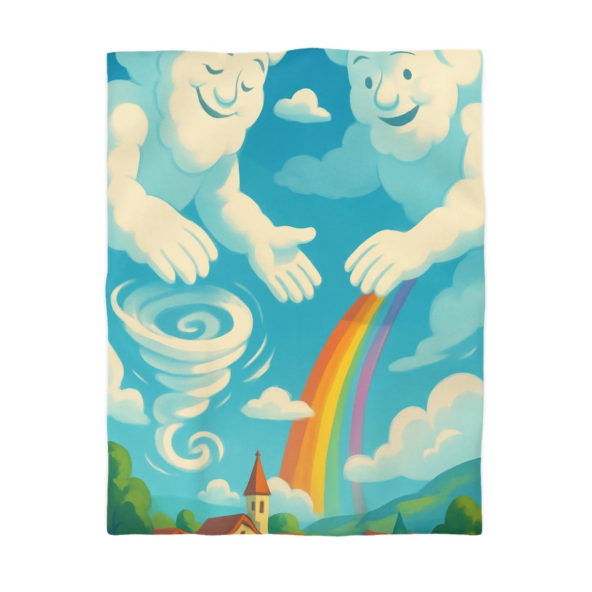 Art ludique de nuages souriants au-dessus d'un village teinté de couleurs vives