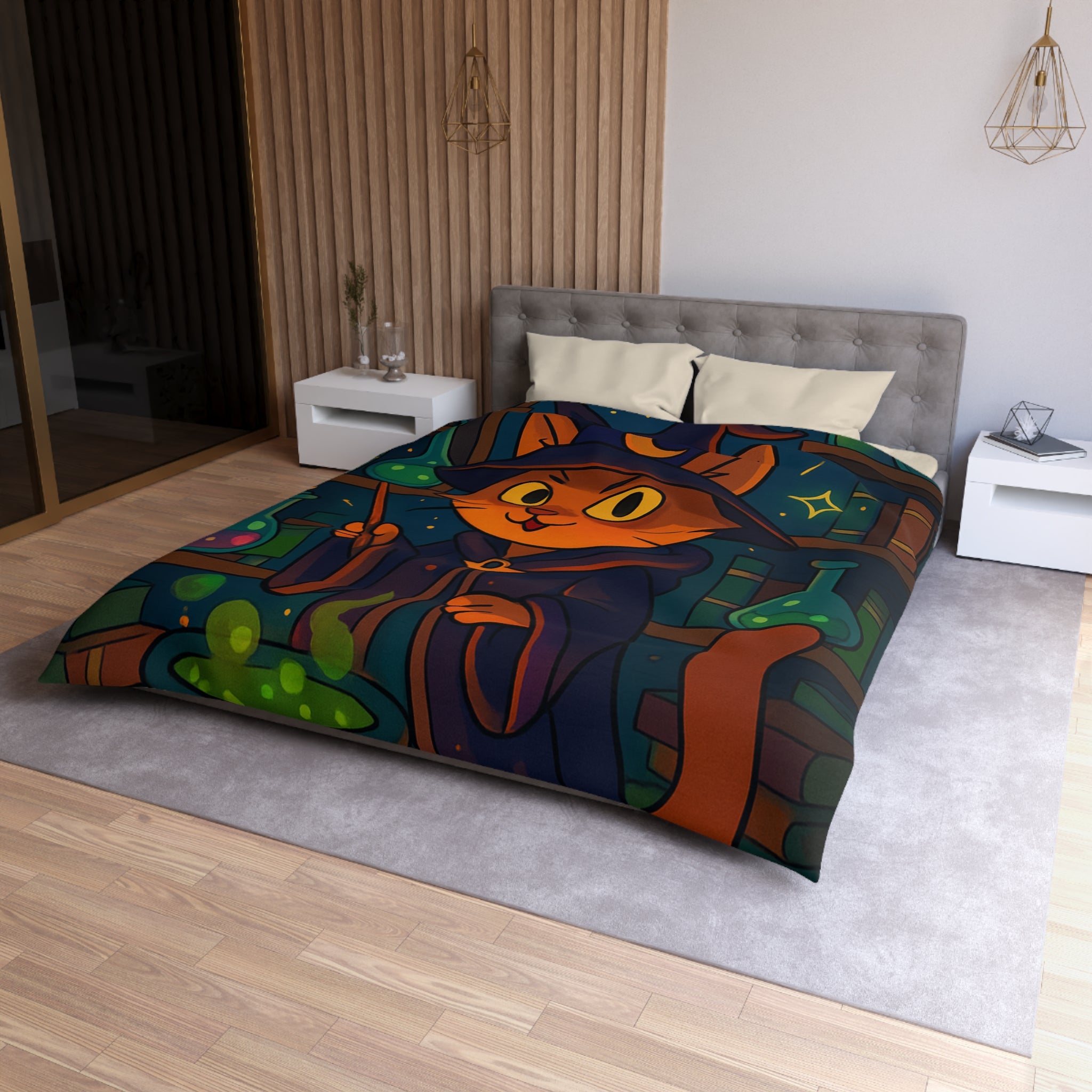 Housse de couette féline magique avec chat sorcier et chaudron dans bibliothèque colorée