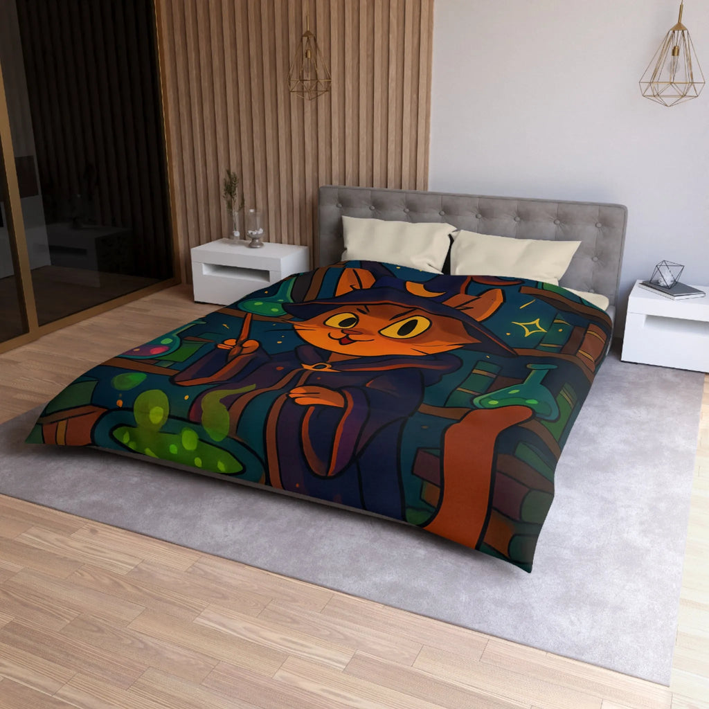 Housse de couette magique avec chat sorcier, chaudron et bibliothèque alchimiste enchanteresse