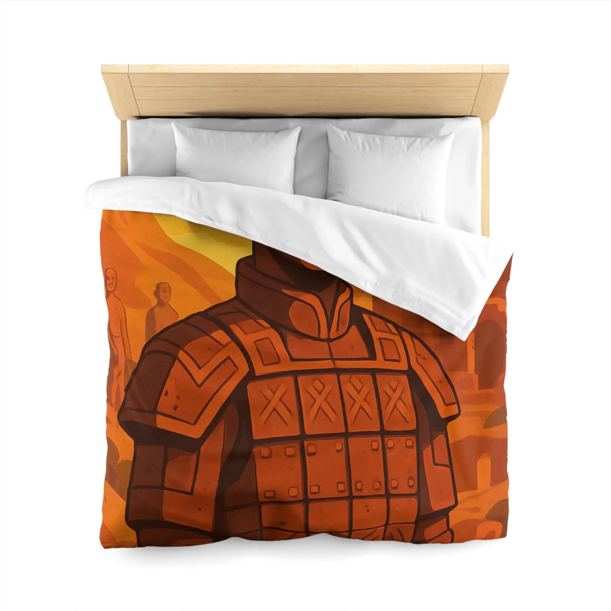 Housse de couette inspirée des guerriers antiques dans un style artistique épuré et vibrant