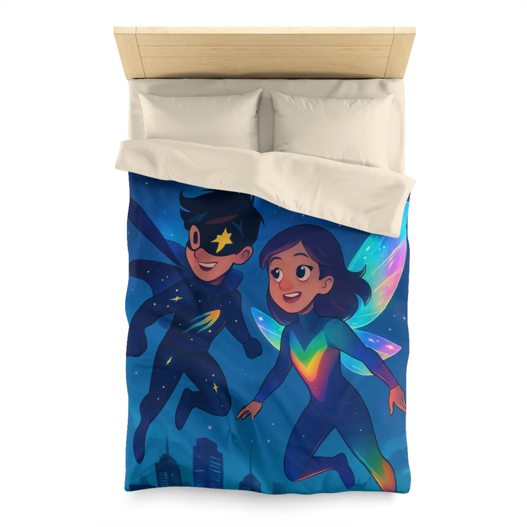 Housse de couette enfant illustrant super-héros lumineux volant au-dessus d’une ville étoilée