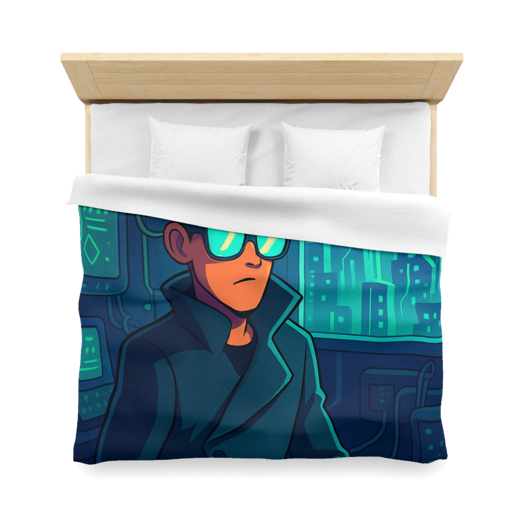 Housse de couette urbaine homme élégant en manteau dans appartement futuriste avec écran