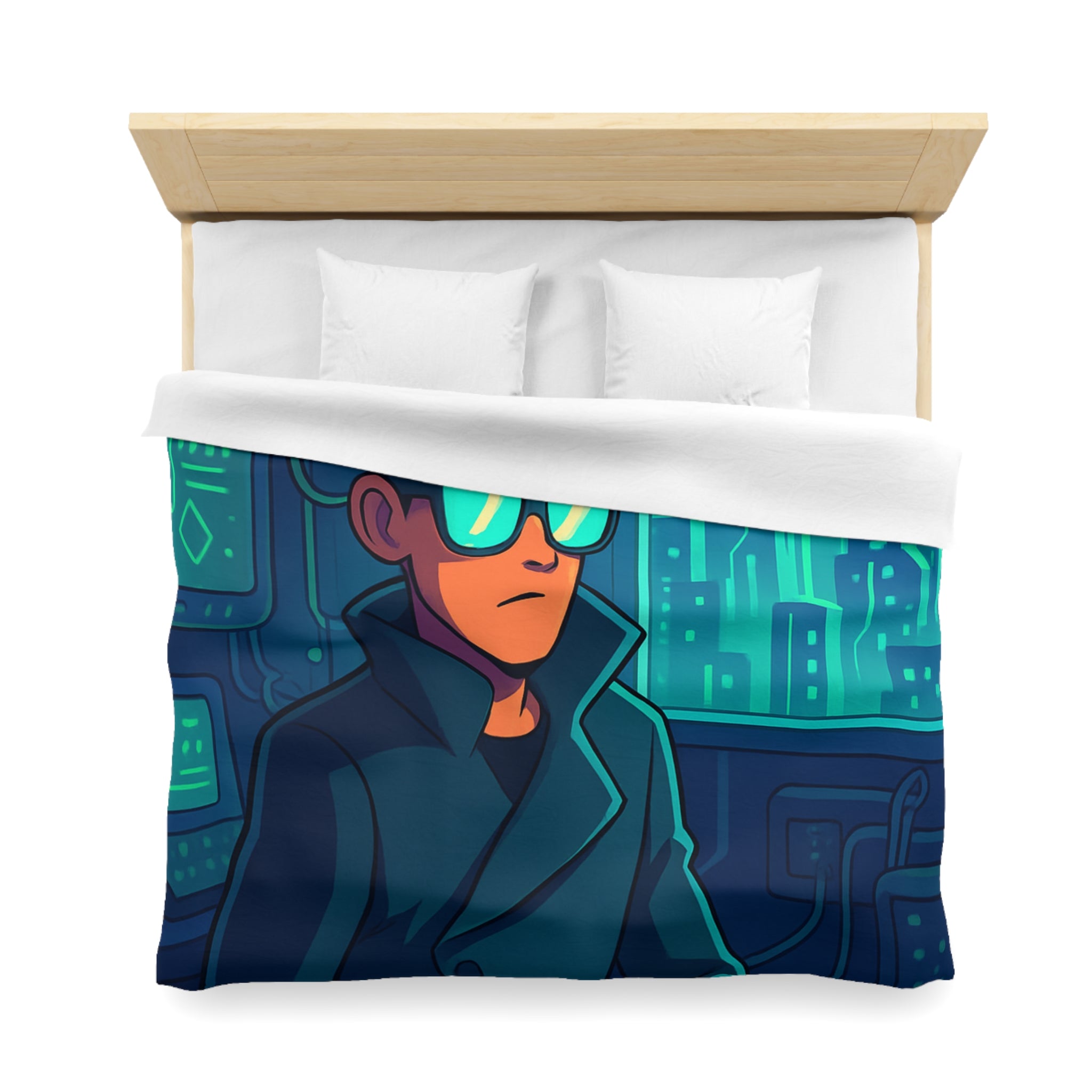 Housse de couette urbaine homme élégant en manteau dans appartement futuriste avec écran