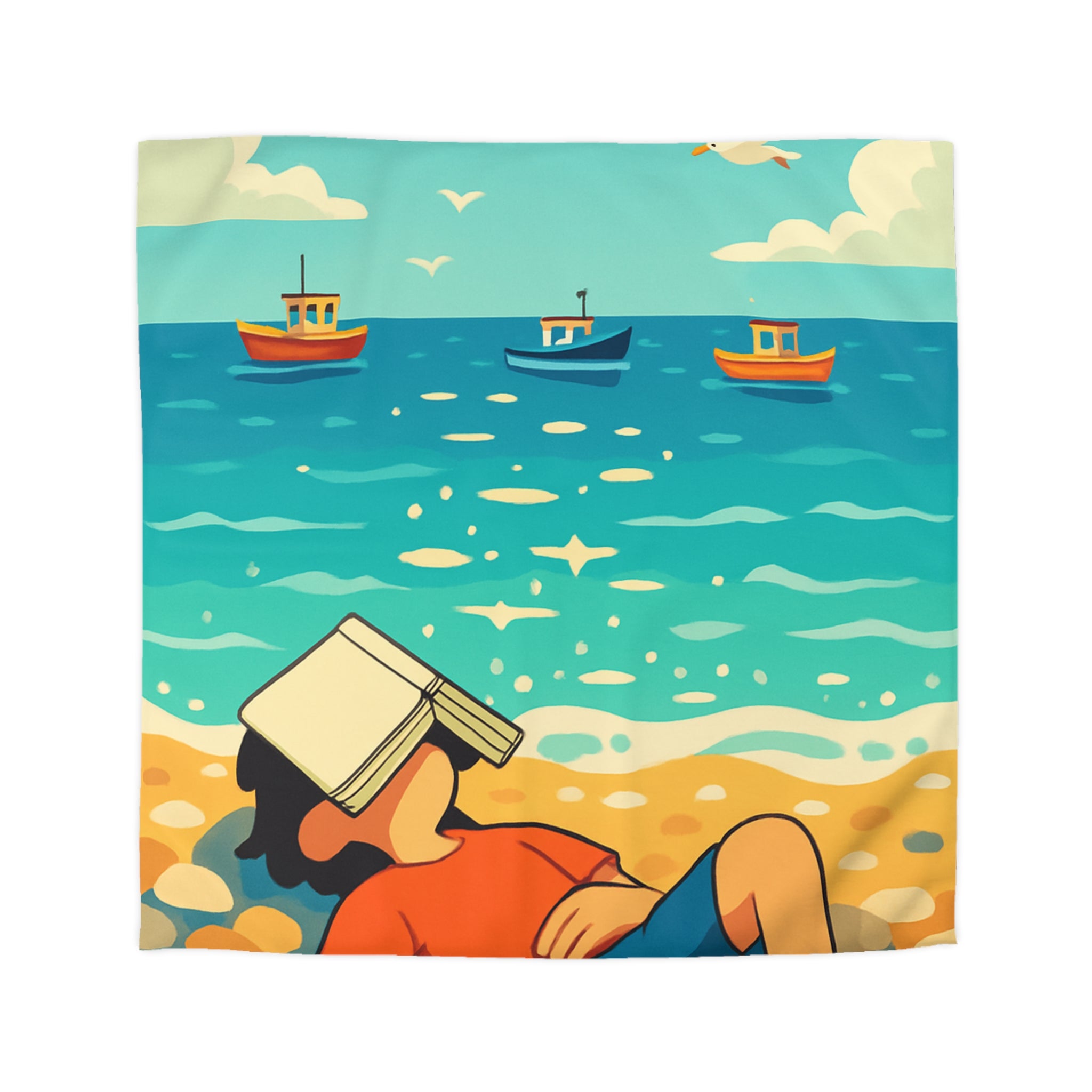 Housse de couette plage relaxante avec enfant, livre et mouettes en été ensoleillé