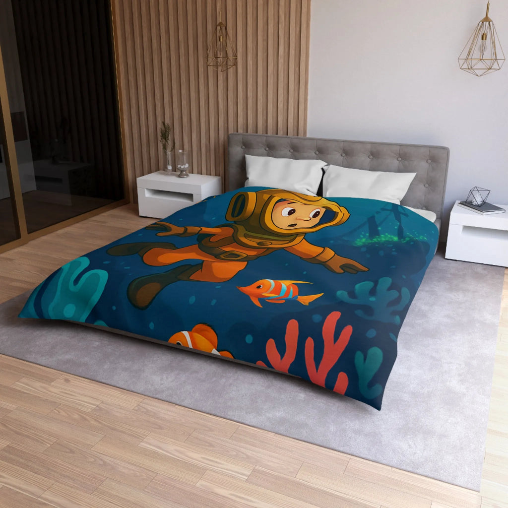 Housse de couette colorée enfant : plongeur sous-marin, poissons tropicaux et épave mystérieuse