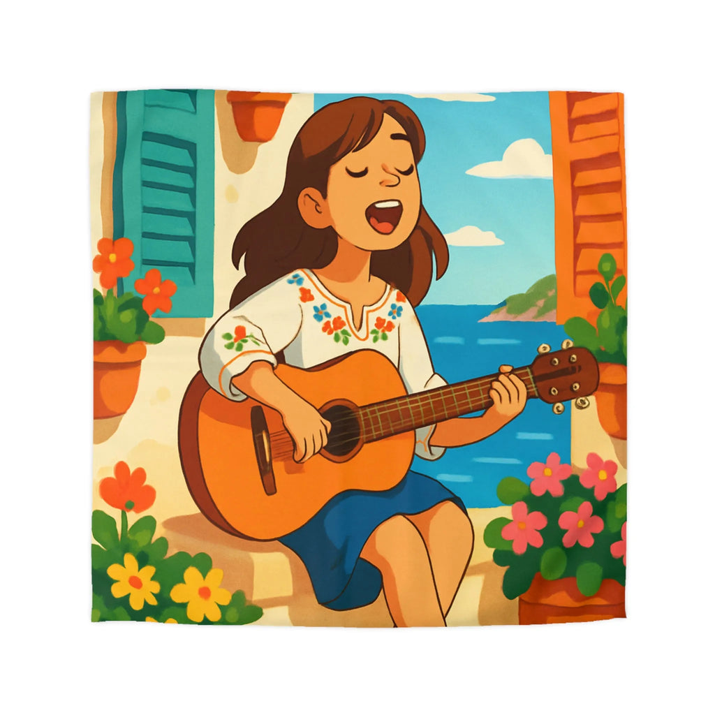 Housse de couette animée avec fille jouant de la guitare en bord de mer