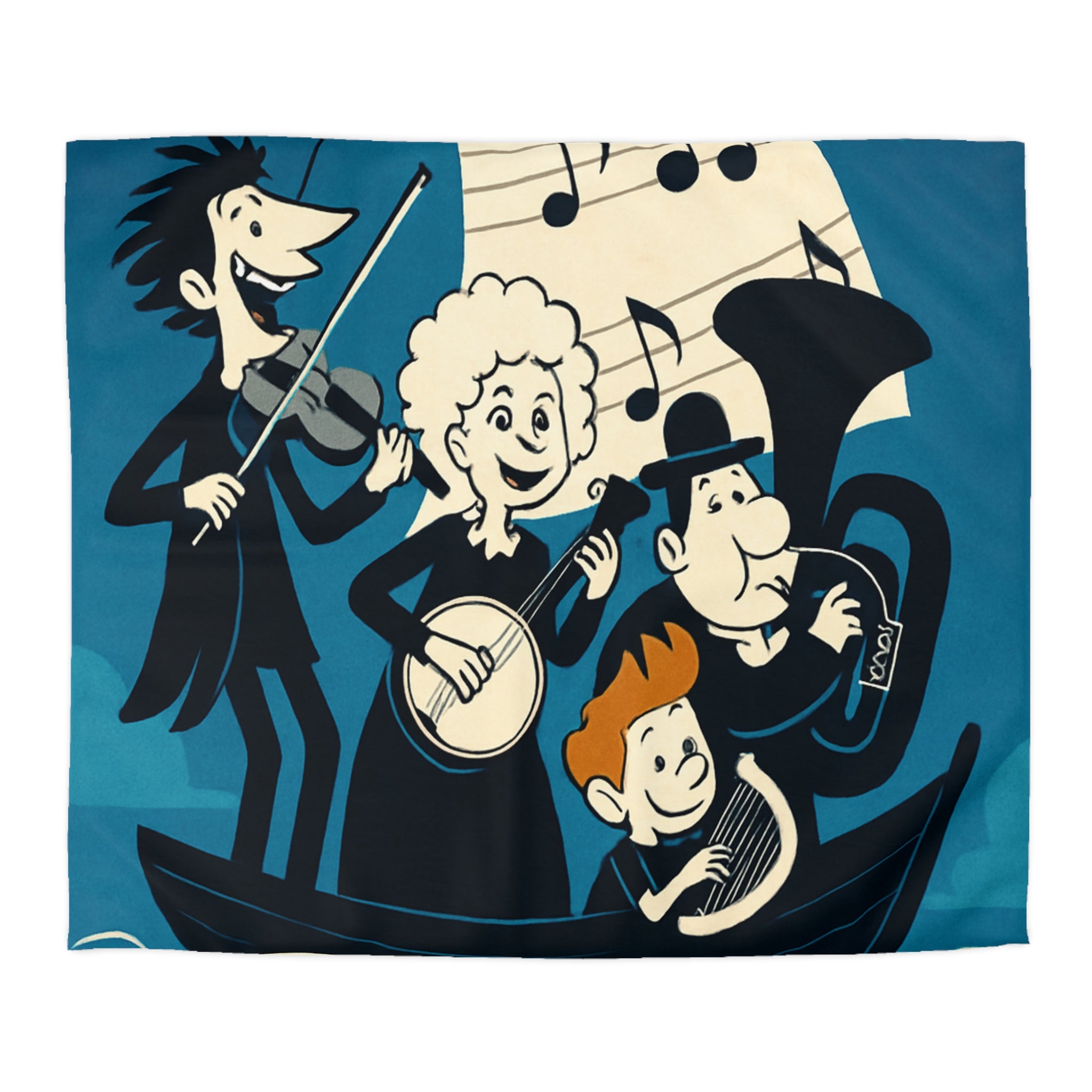 Housse de couette musicale sur l'océan avec personnages dans un bateau joyeux