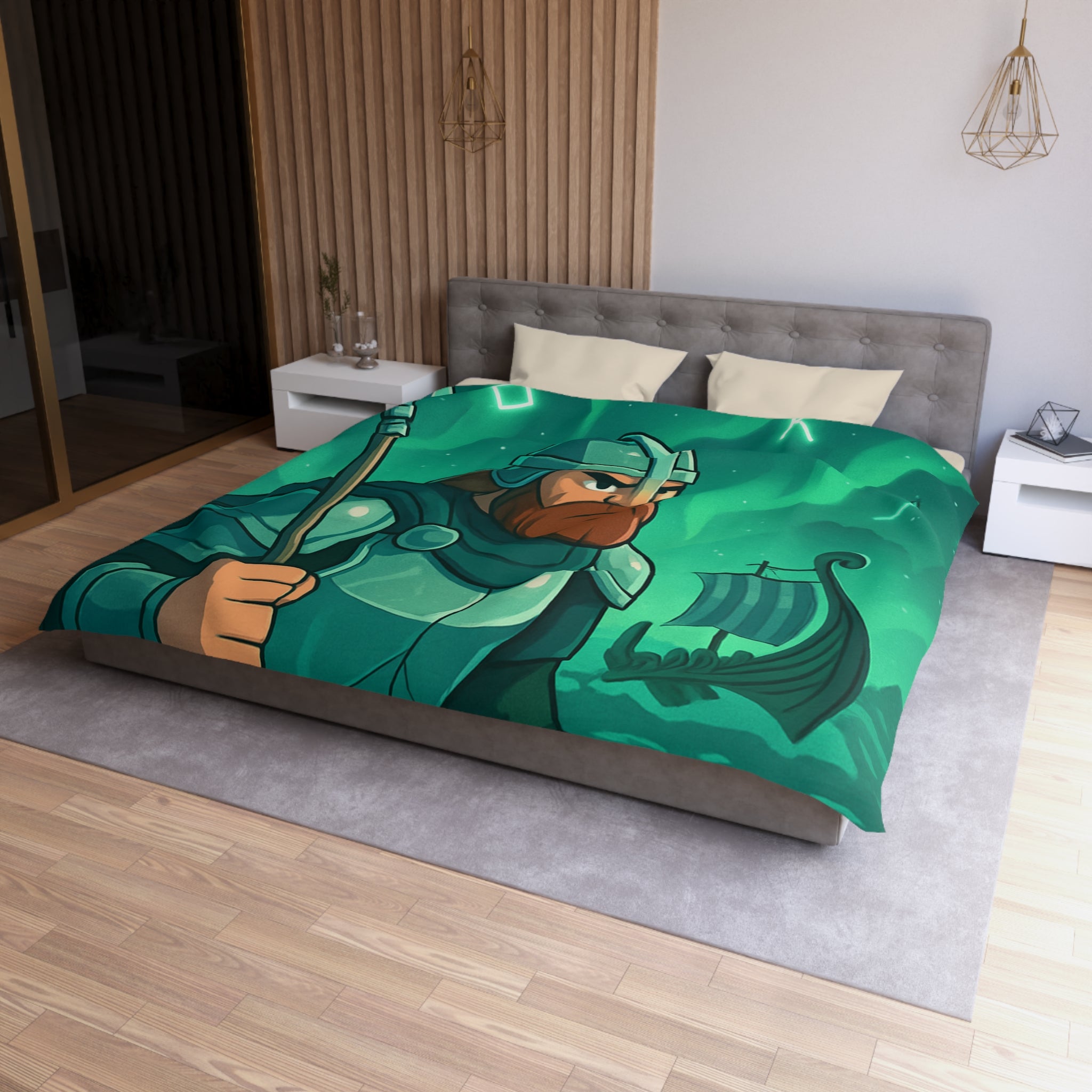 Housse de Couette Viking Vert Émeraude avec Guerrier et Aurores Boréales pour Chambre