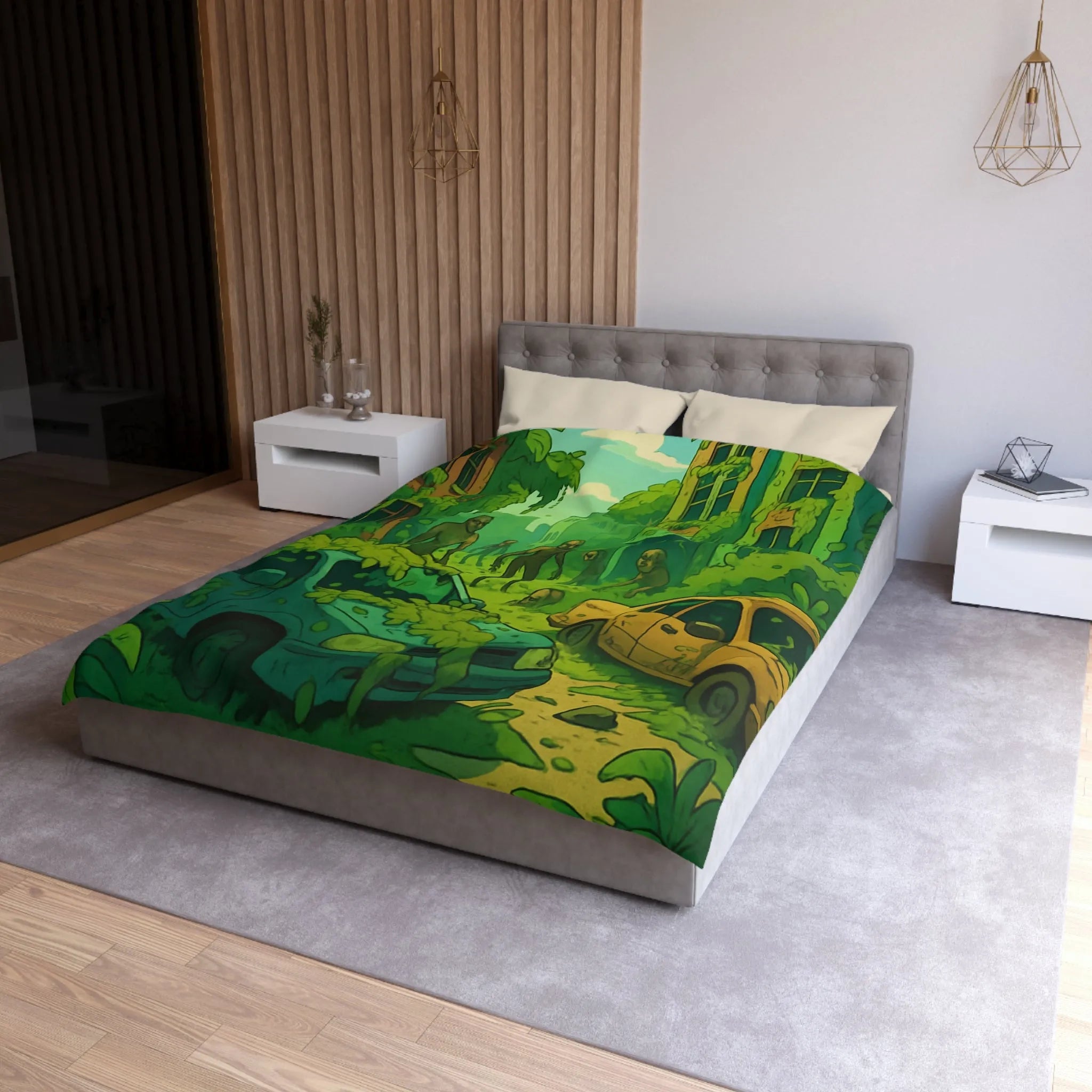 Housse de couette avec zombies et nature envahissante dans ville post-apocalyptique verte