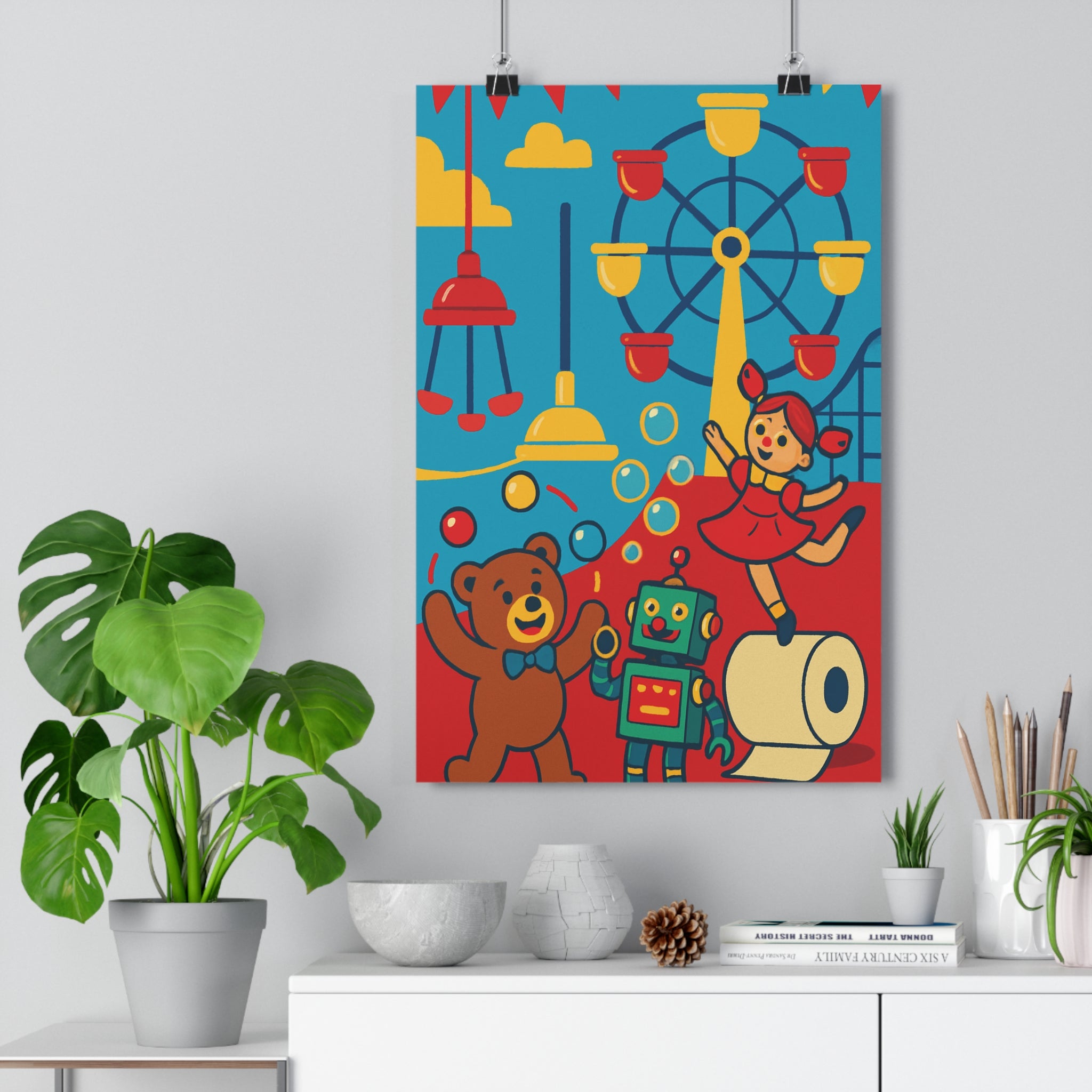 Poster décoratif cartoon festif rouge bleu jaune enfant joyeux salle bain ambiance amusante 30x46