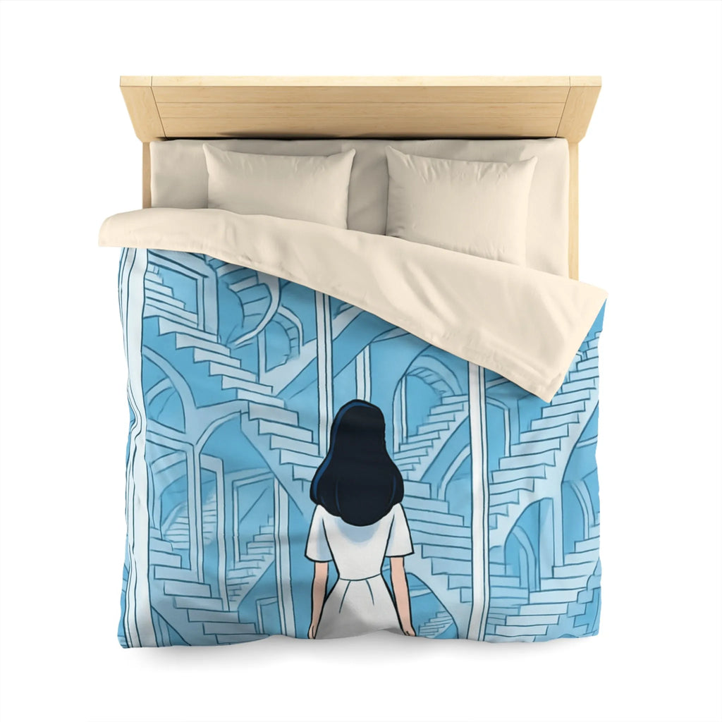 Housse de couette escalier infini en bleu avec femme en robe blanche contemporaine