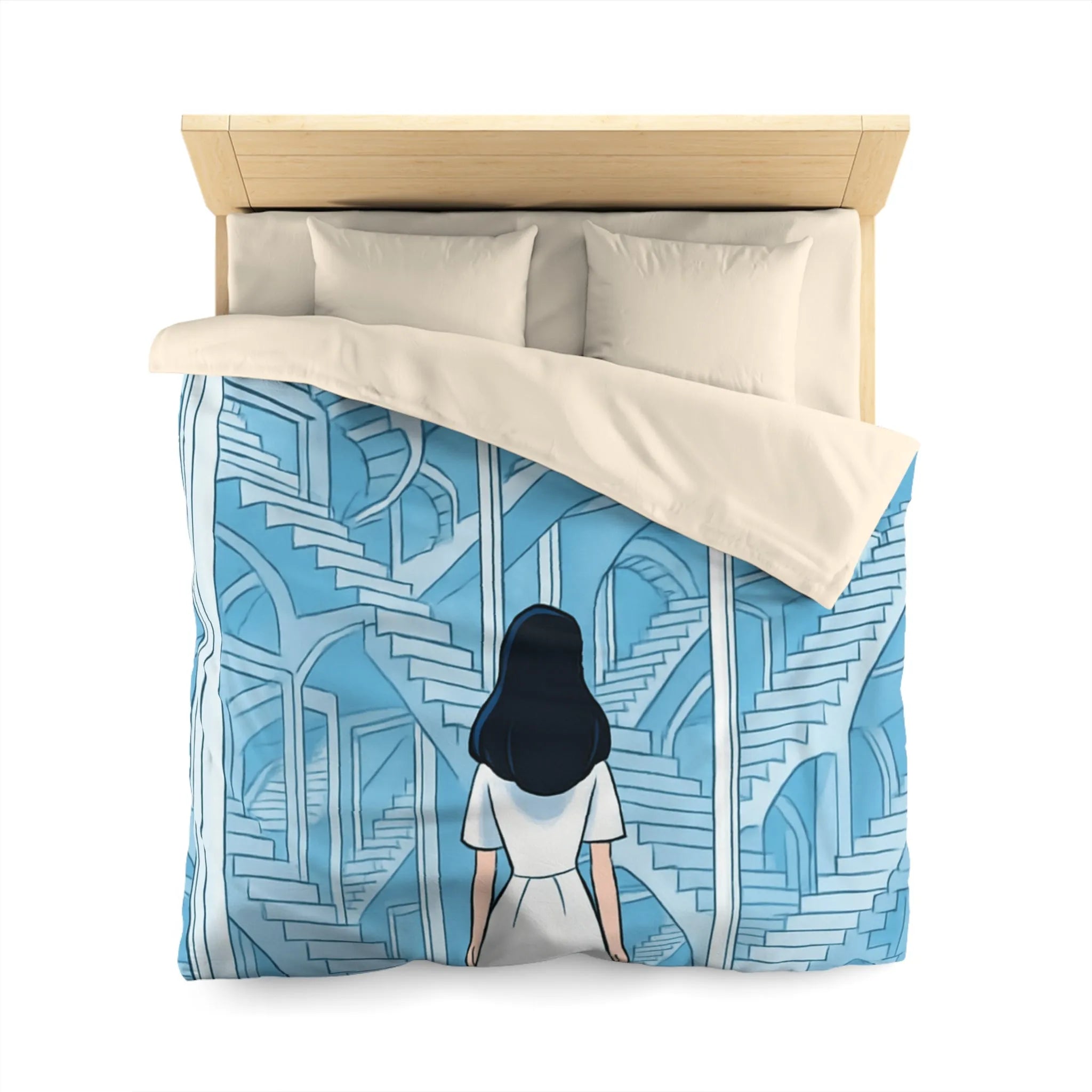 Housse de couette escalier infini en bleu avec femme en robe blanche contemporaine