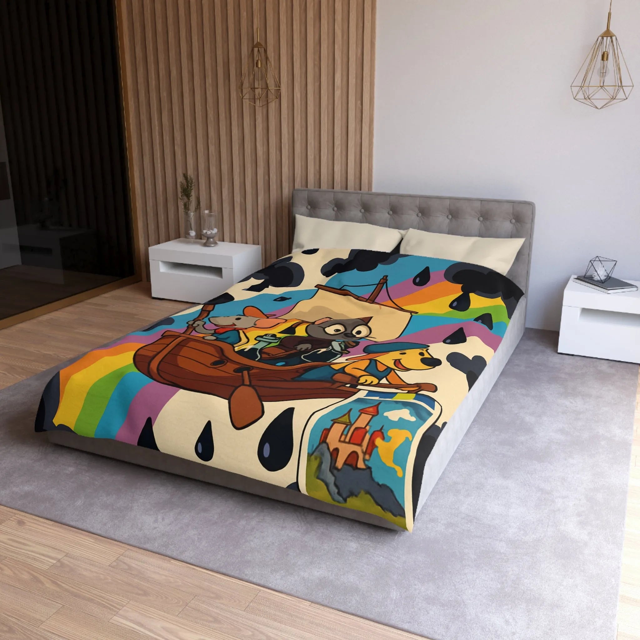 Housse de couette enfant avec animaux navigateurs sur arc-en-ciel et bateau enchanteur