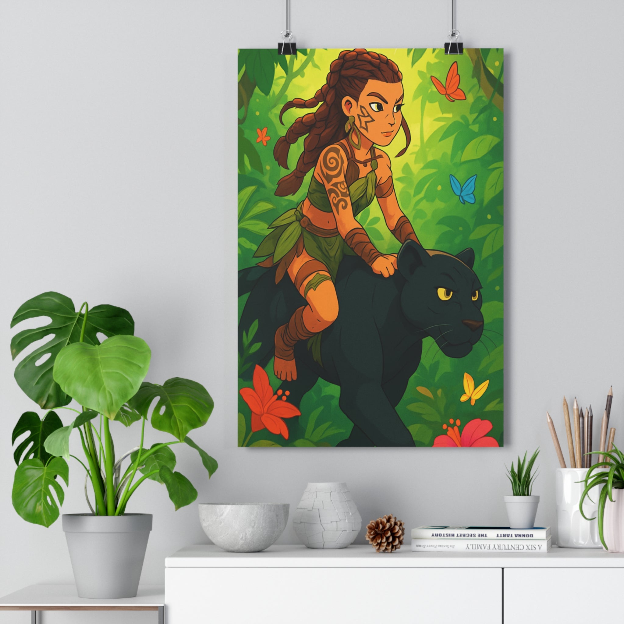 Poster décoratif jungle aventure cartoon vert noir courage chambre salon dynamique coloré tribal élégant