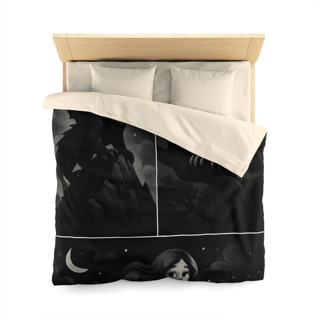 Housse de couette avec motifs de créatures fantastiques dragon, griffon et sirène en noir et gris