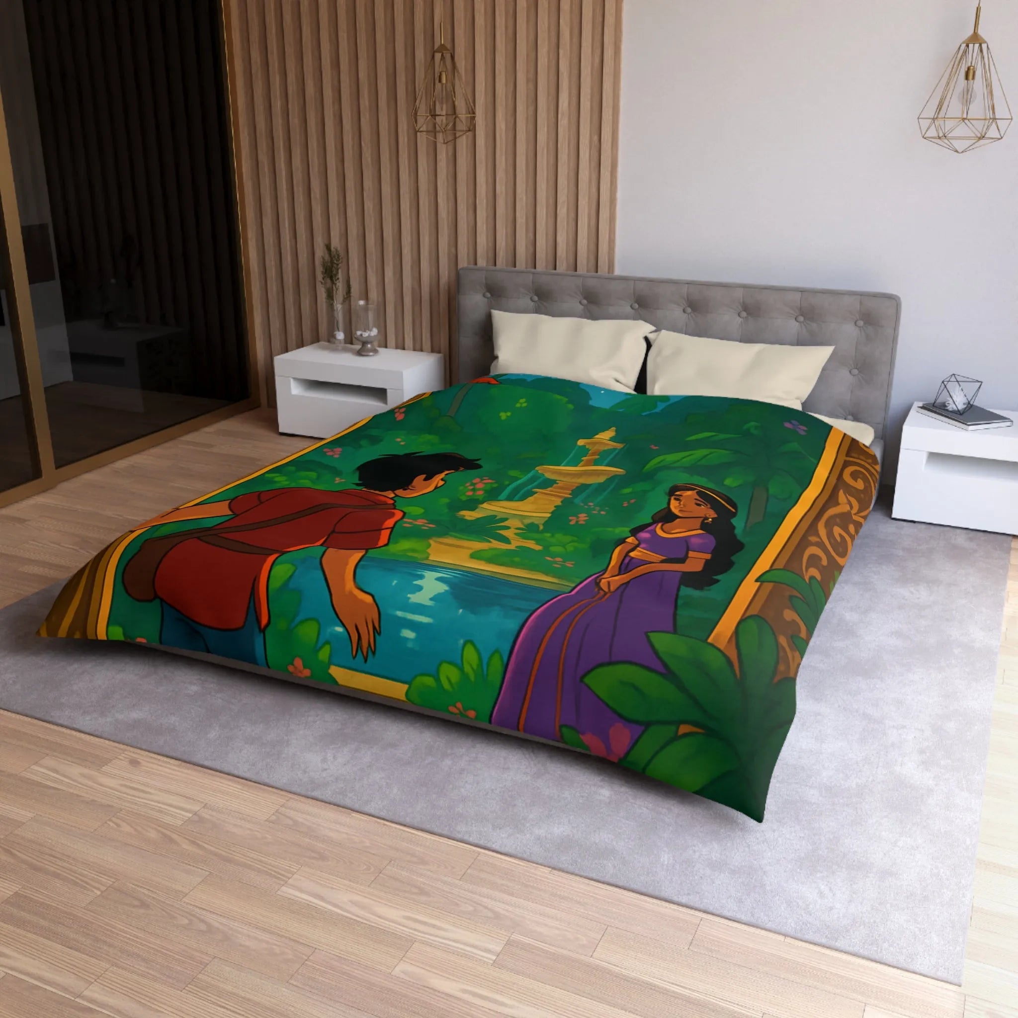 Housse De Couette Enchantée Illustrant Jardin Nocturne Avec Fontaine Et Clair De Lune