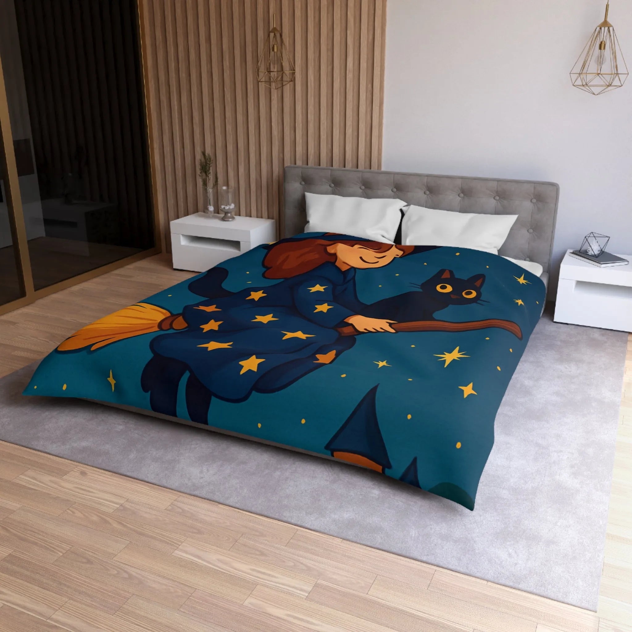 Housse de Couette Enfant Fantaisie Sorcière et Chat Noir sur Balai Nocturne