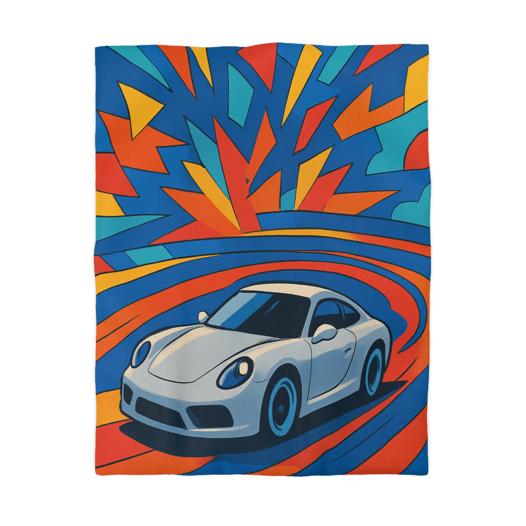 Housse de couette voiture sportive dynamique avec explosion de couleurs vives et éclatantes